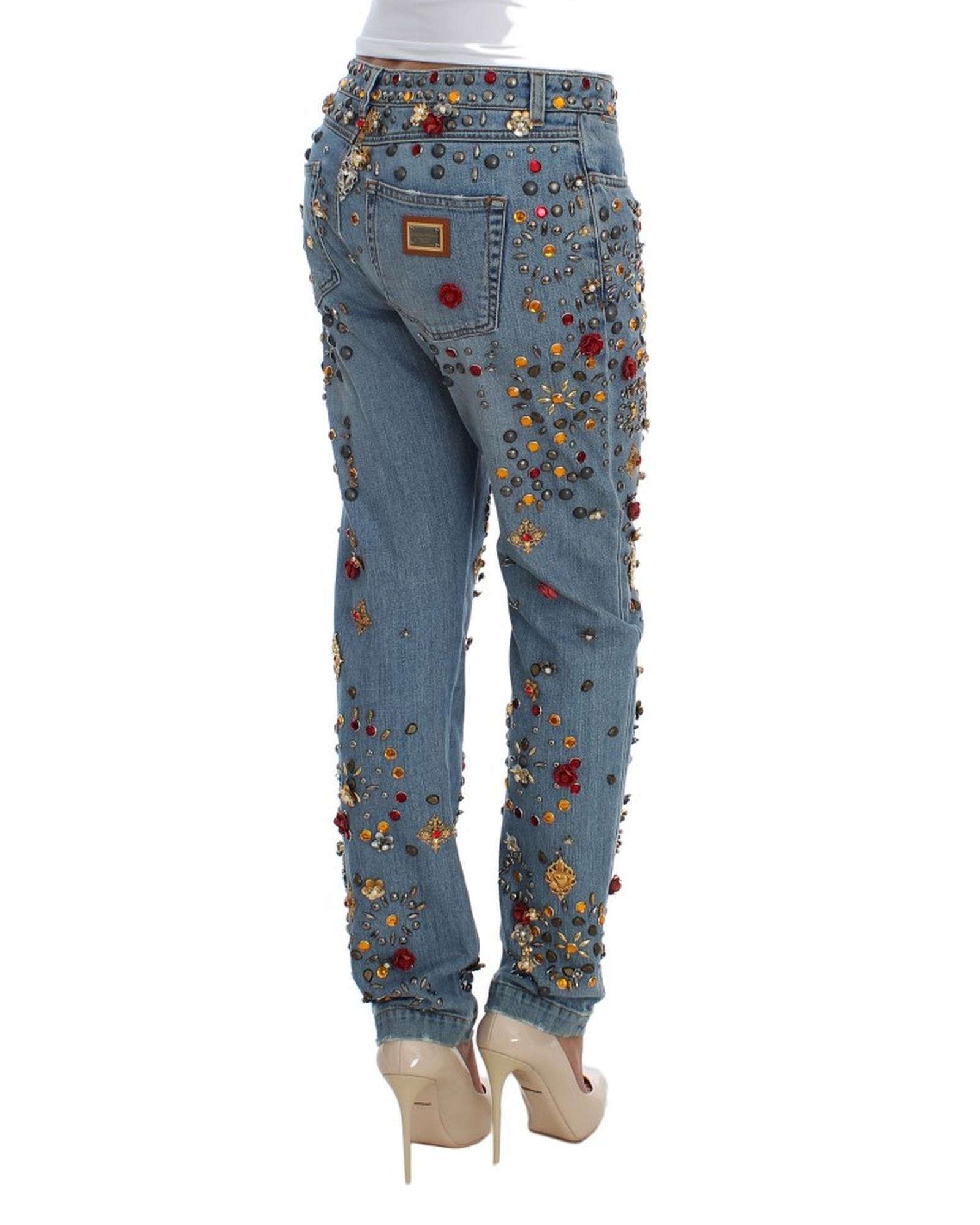 Blue Wash Crystal Heart Roses Embellished Enchanted Sicily Boyfriend Fit Jeans 36 IT Women