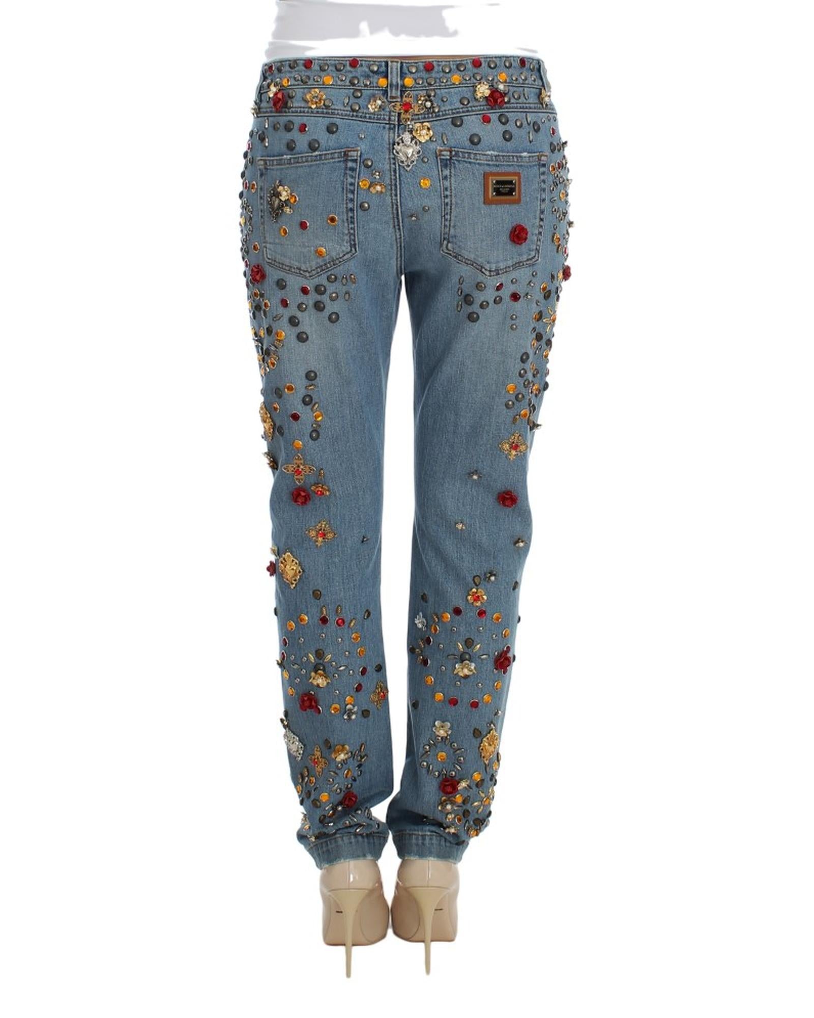 Blue Wash Crystal Heart Roses Embellished Enchanted Sicily Boyfriend Fit Jeans 38 IT Women