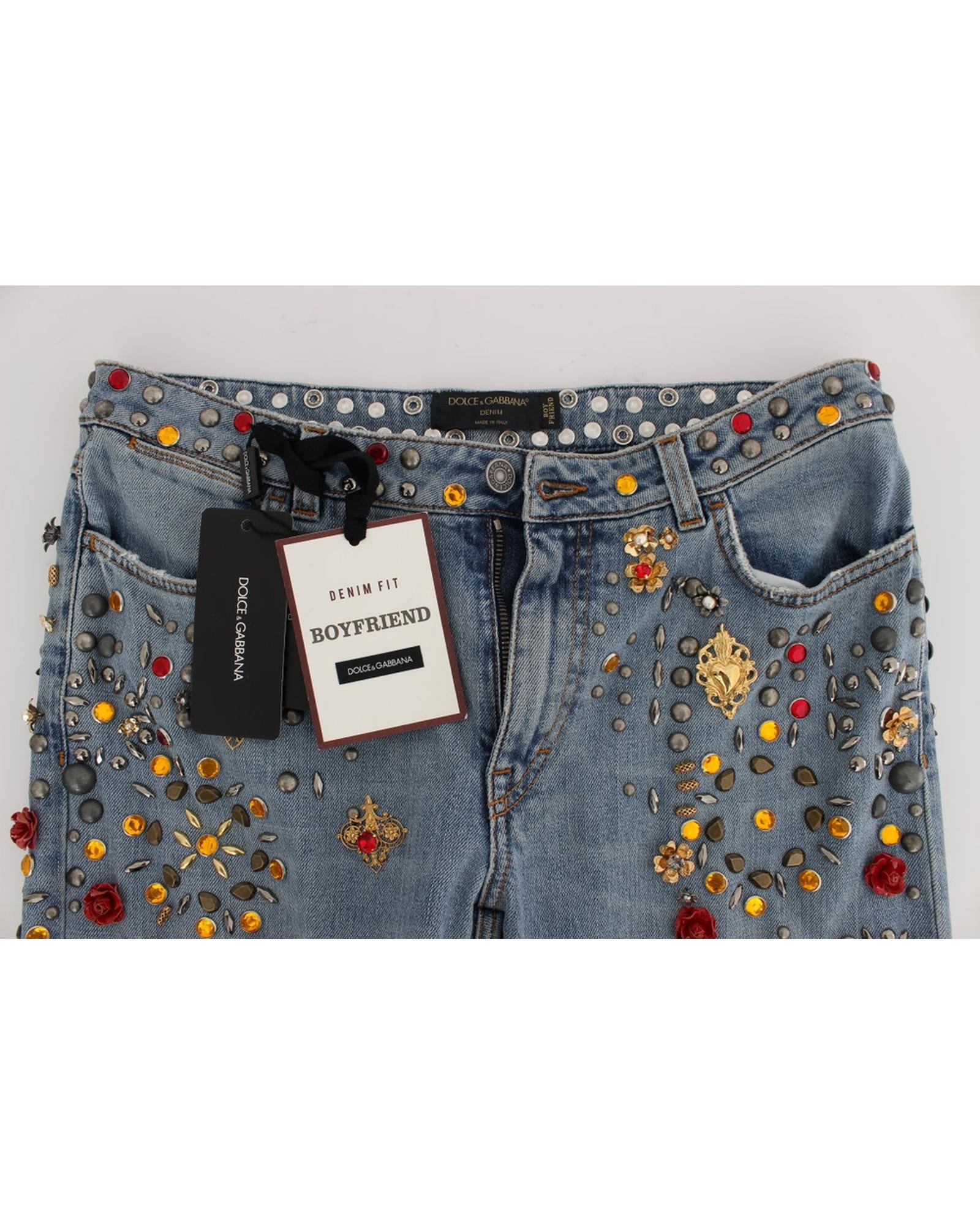 Blue Wash Crystal Heart Roses Embellished Enchanted Sicily Boyfriend Fit Jeans 38 IT Women