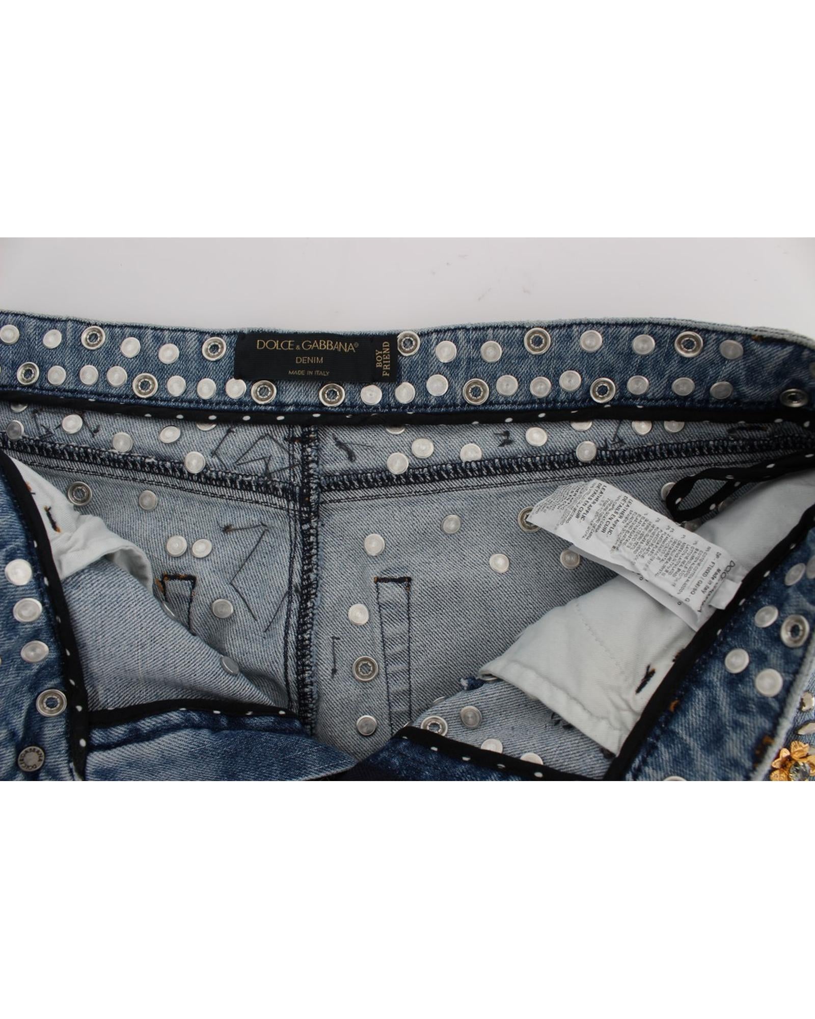 Blue Wash Crystal Heart Roses Embellished Enchanted Sicily Boyfriend Fit Jeans 38 IT Women