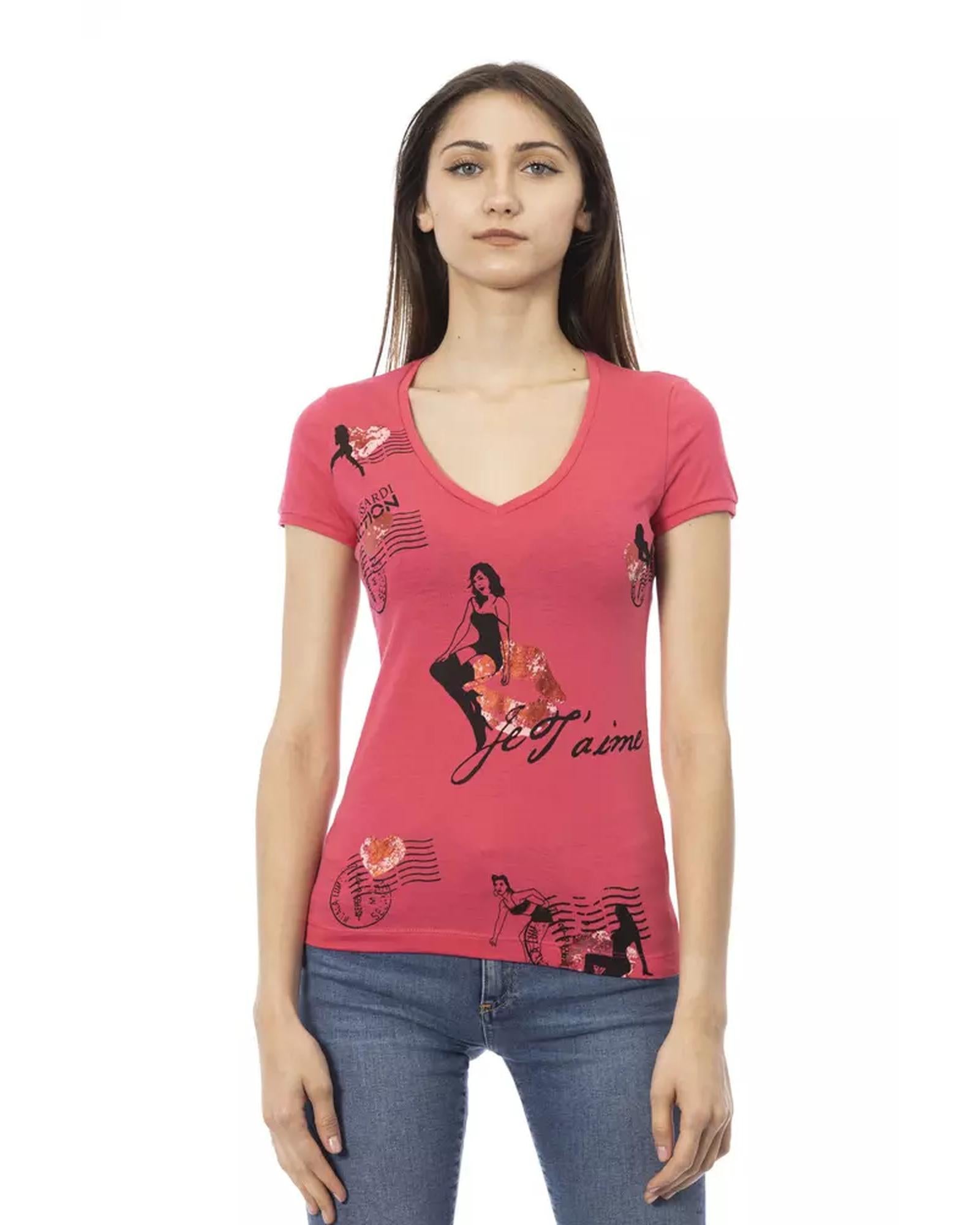 Short Sleeve T-shirt with V-neck and Front Print L Women