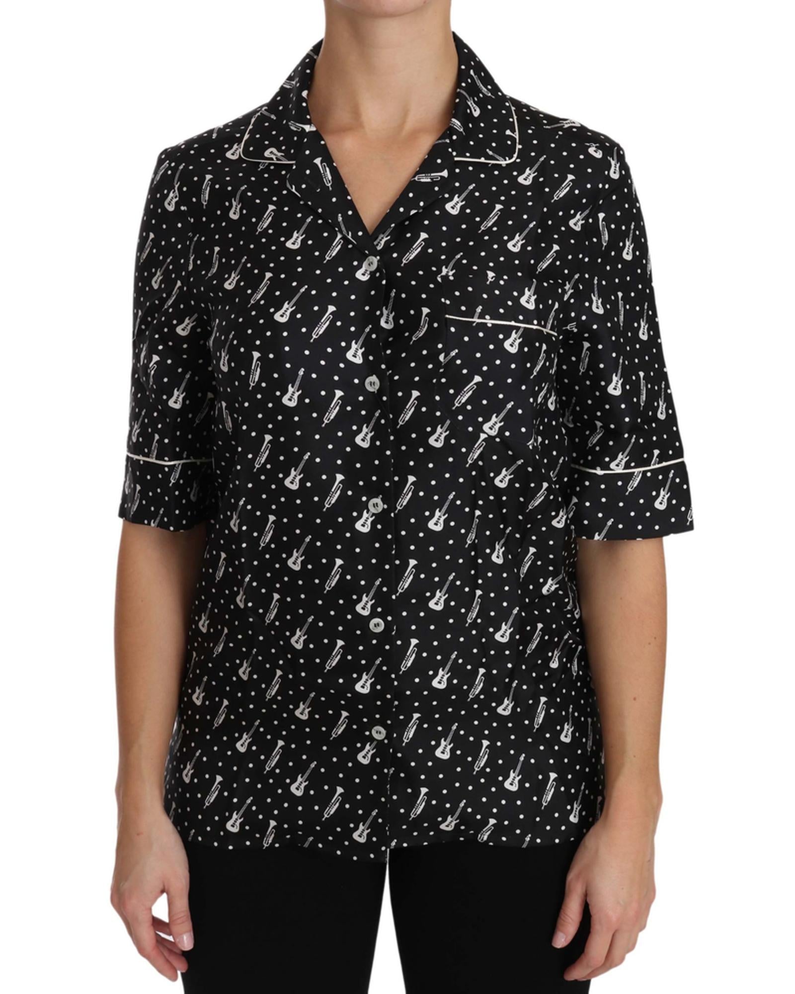 Guitar & Trumpet Print Silk Polo Tops 38 IT Women