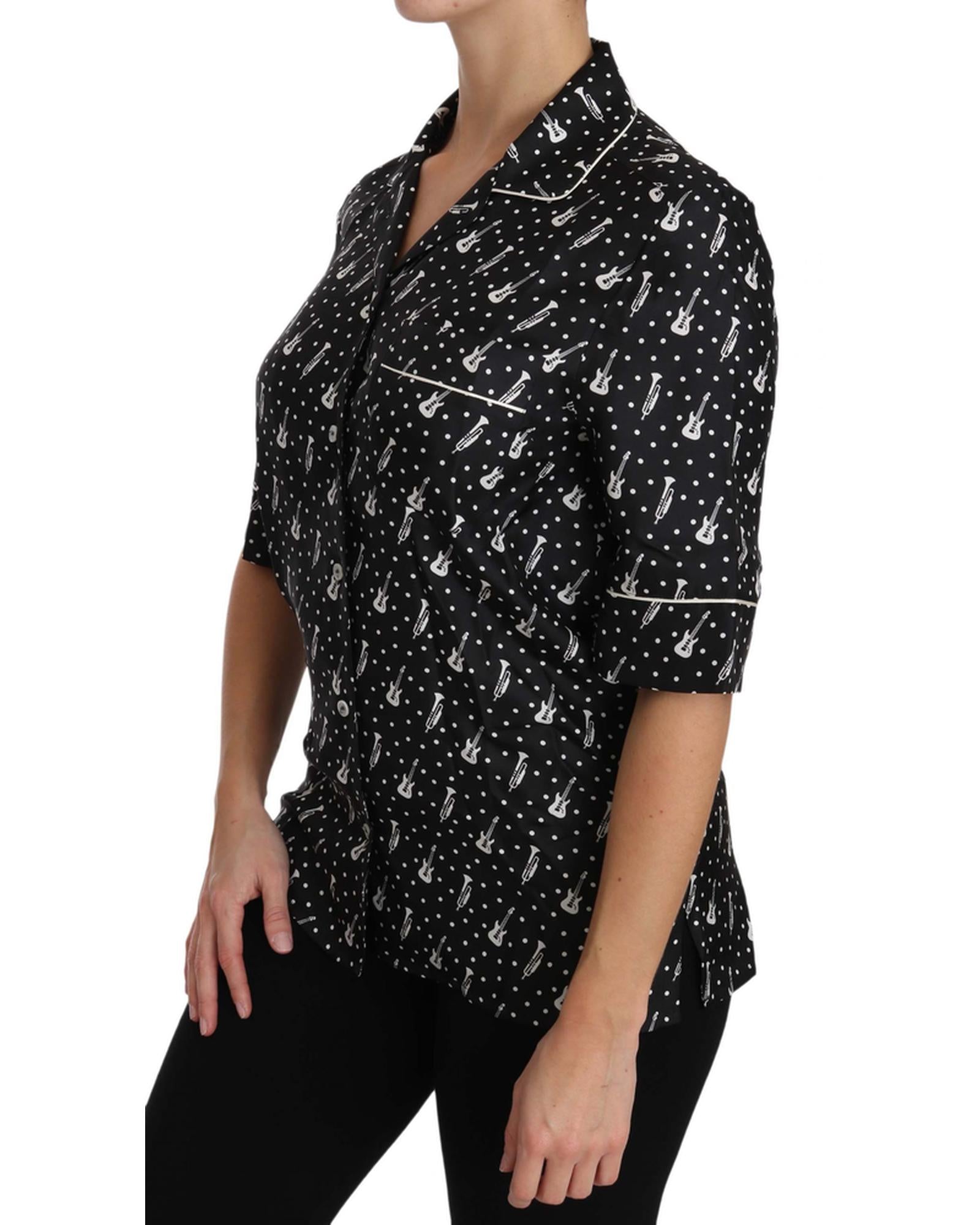 Guitar & Trumpet Print Silk Polo Tops 38 IT Women