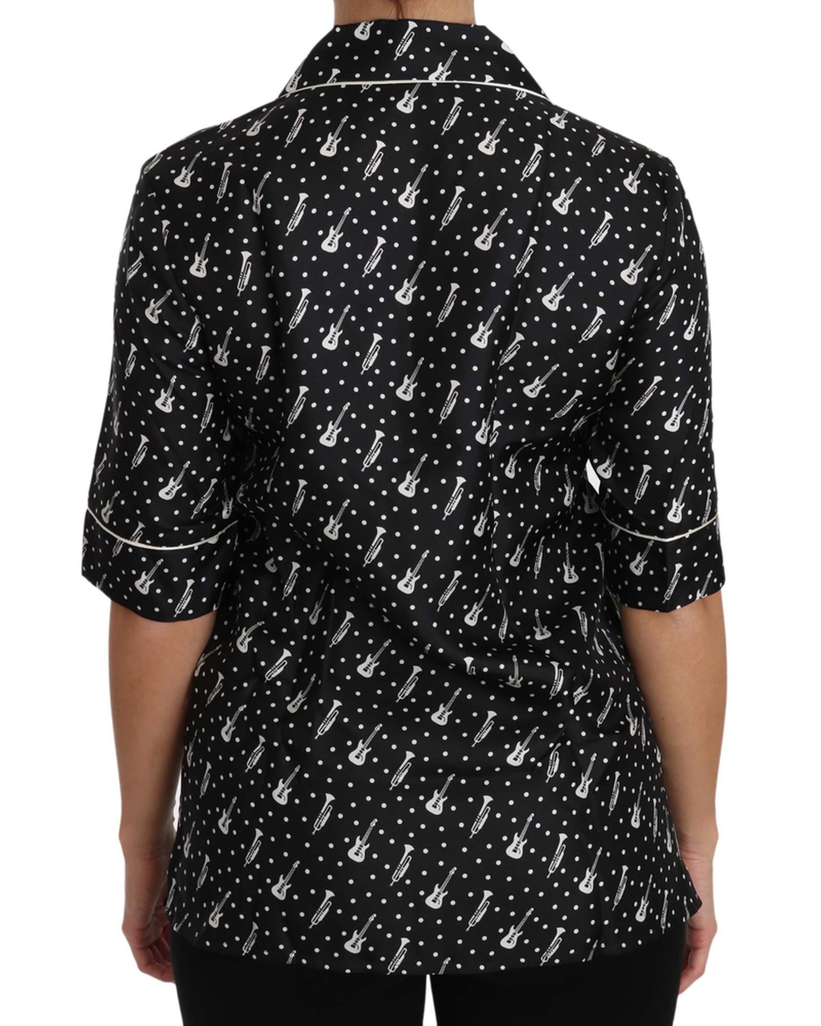 Guitar & Trumpet Print Silk Polo Tops 38 IT Women