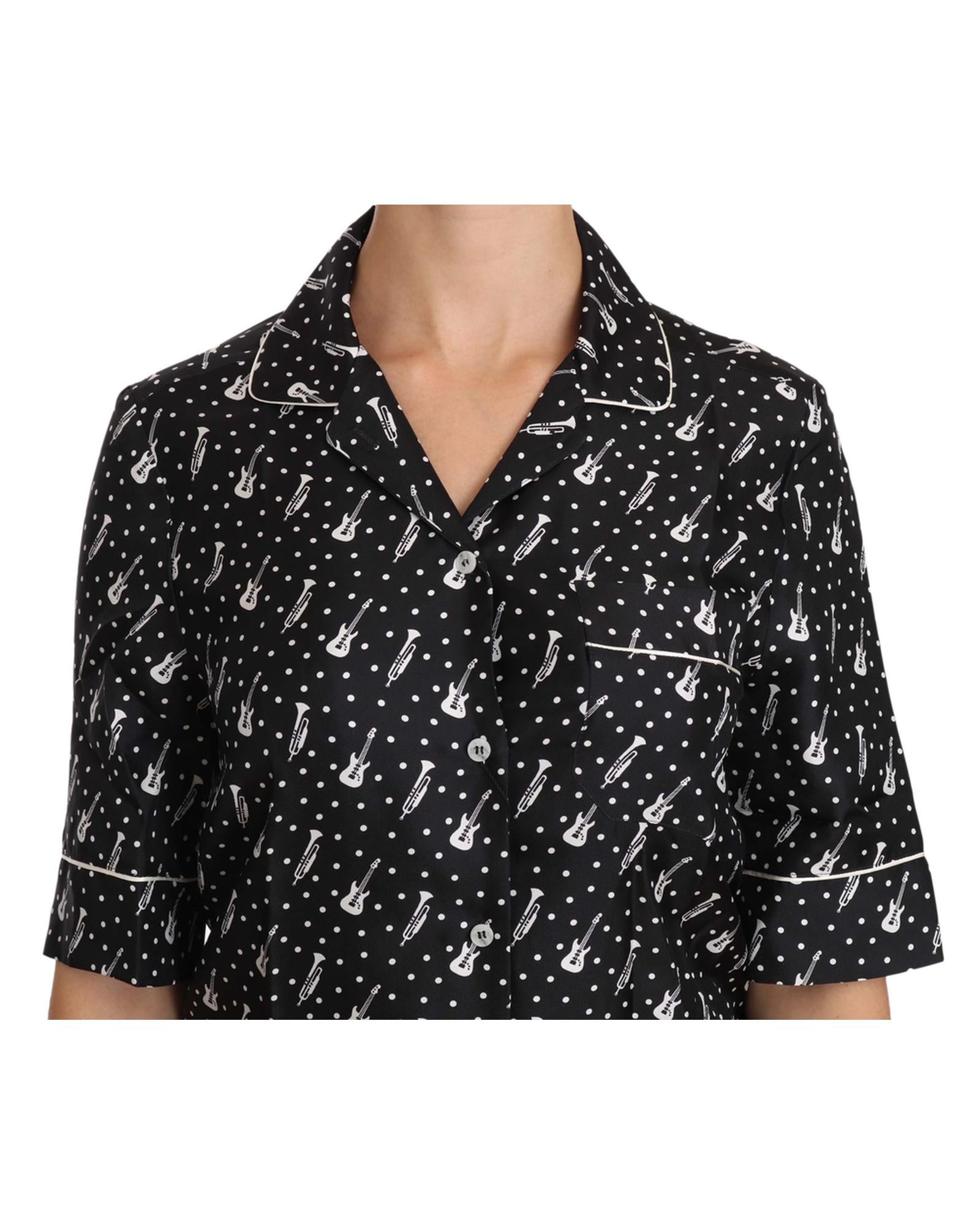 Guitar & Trumpet Print Silk Polo Tops 38 IT Women