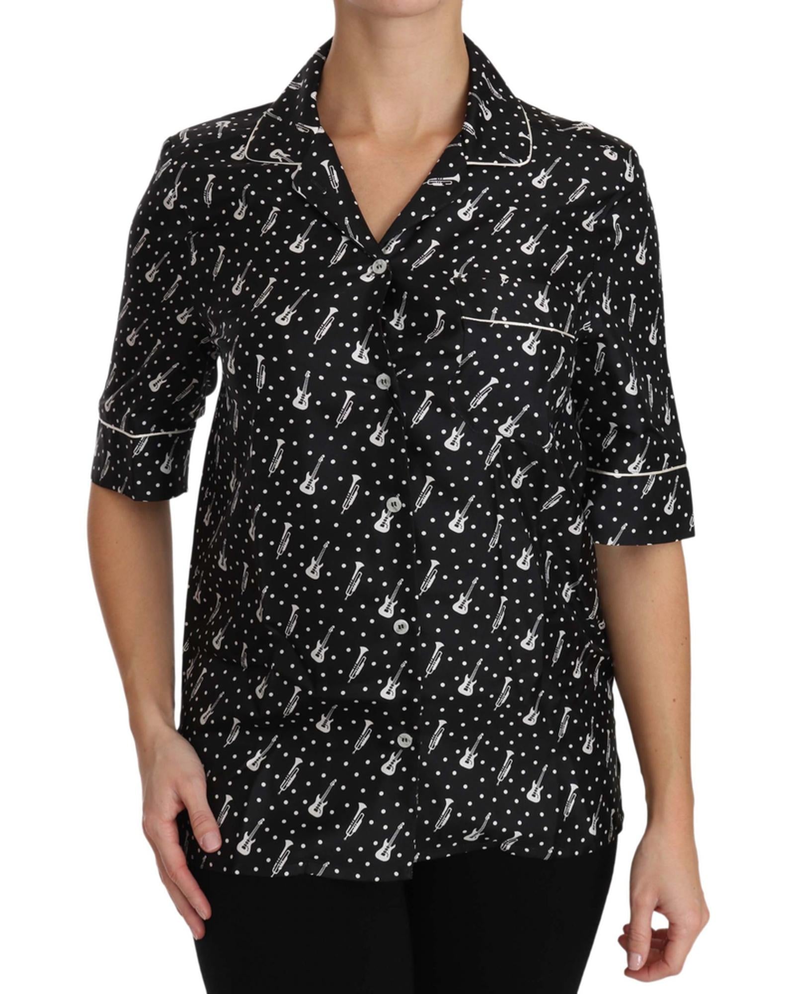 Guitar & Trumpet Print Silk Polo Tops 38 IT Women