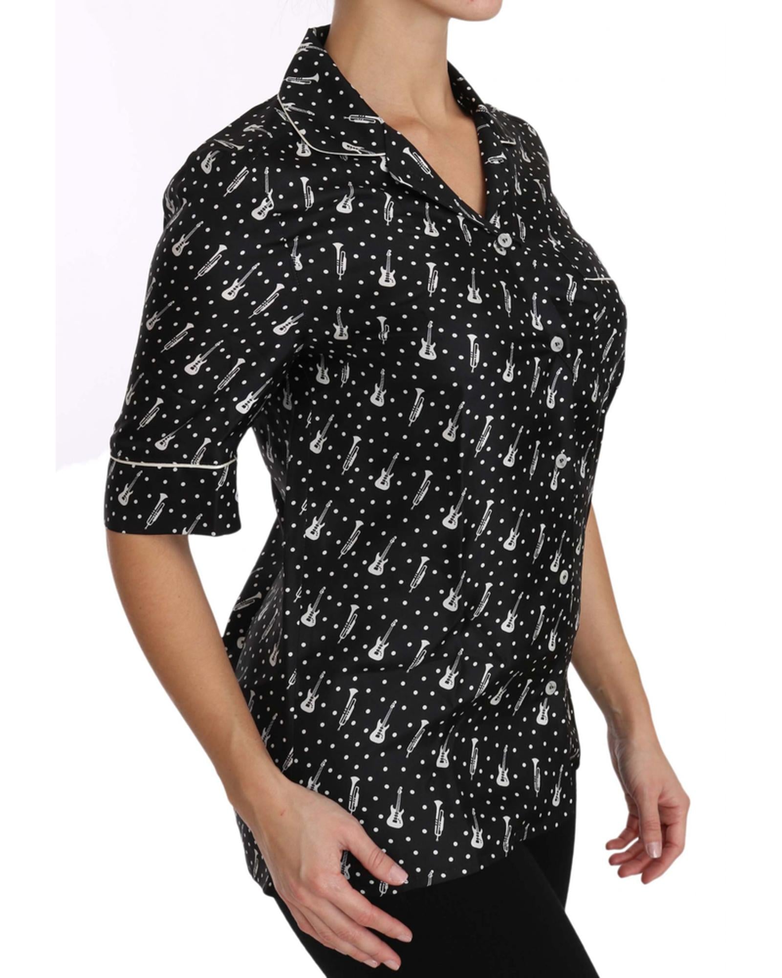 Guitar & Trumpet Print Silk Polo Tops 38 IT Women