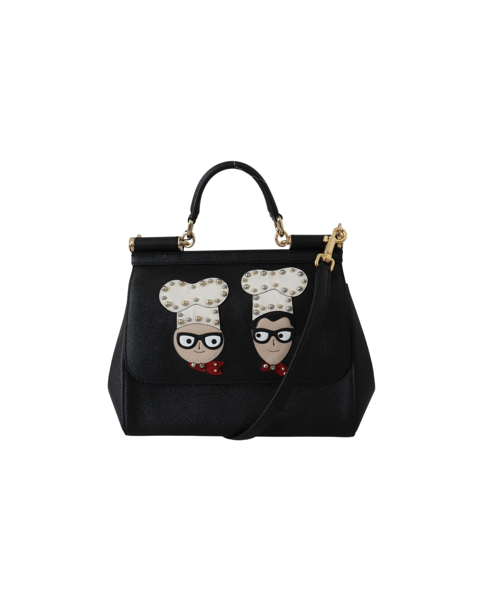 Dolce & Gabbana Black Leather Sicily Handbag with #dgfamily Patch One Size Women