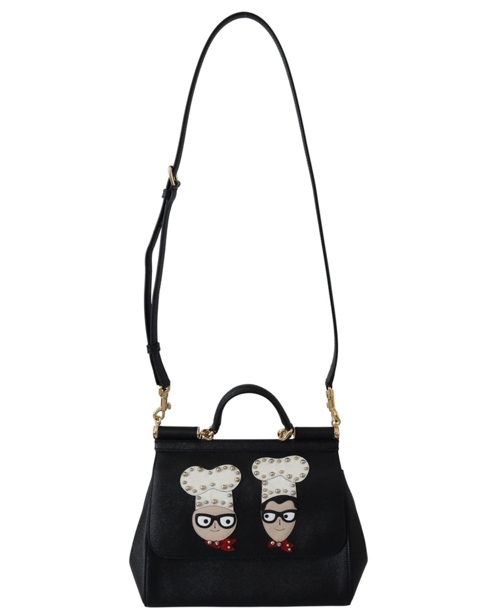 Dolce & Gabbana Black Leather Sicily Handbag with #dgfamily Patch One Size Women