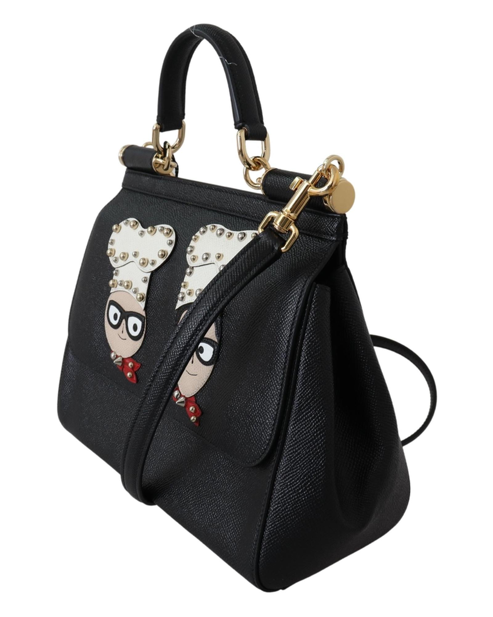 Dolce & Gabbana Black Leather Sicily Handbag with #dgfamily Patch One Size Women