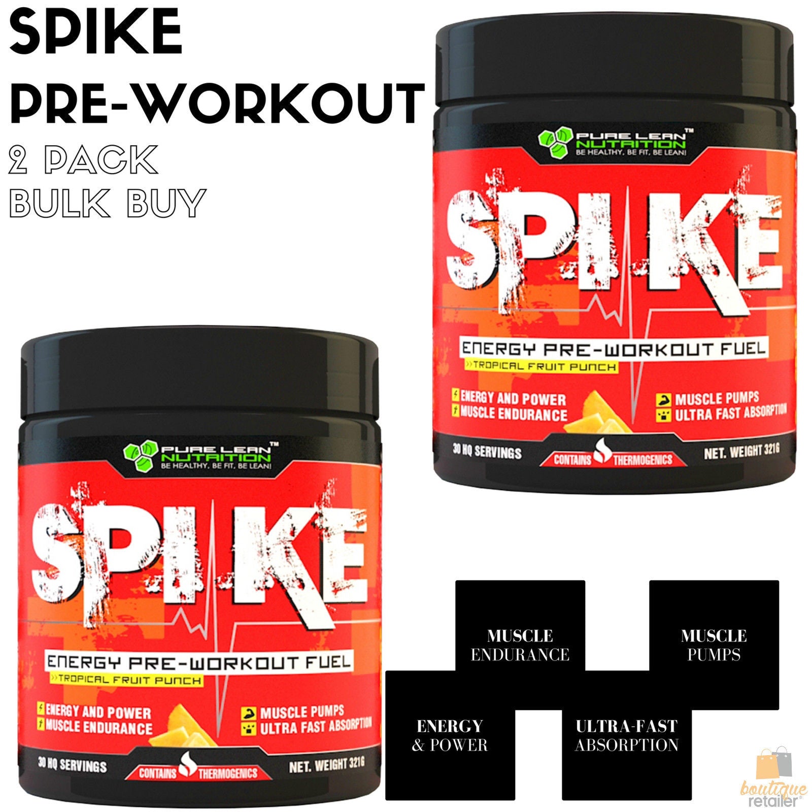 2x SPIKE Pre Workout Extreme Focus Energy Fuel 30 Serves Gym Caffeine Pumps BULK
