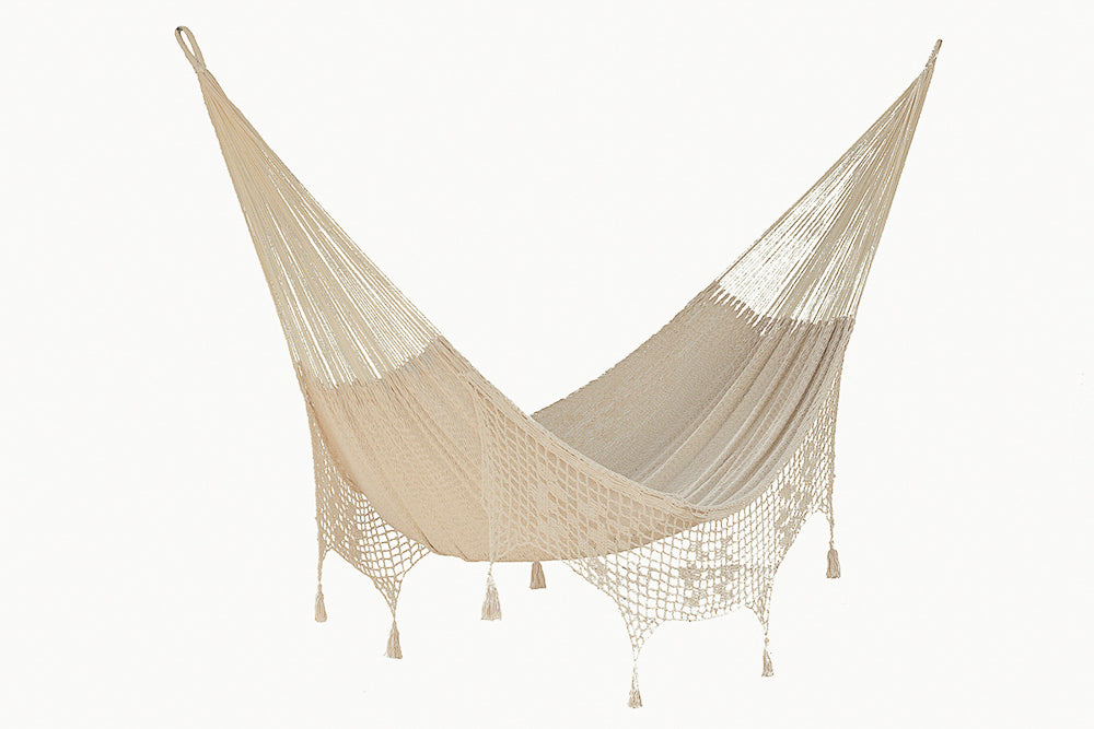 Mayan Legacy King Size Deluxe Outdoor Cotton Mexican Hammock in Cream Colour