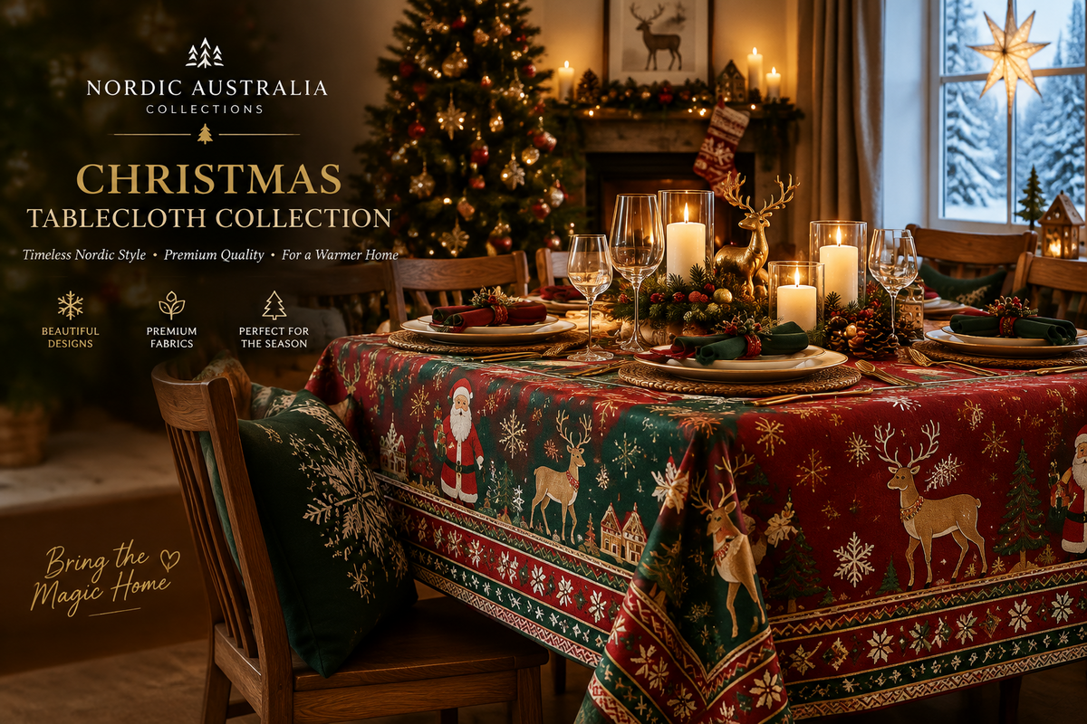 Title: Christmas Tablecloths Description: Set the table for Christmas meals and gatherings with festive tablecloths. Explore seasonal designs, including reindeer, snowflake and Santa prints, in sizes for different dining tables.