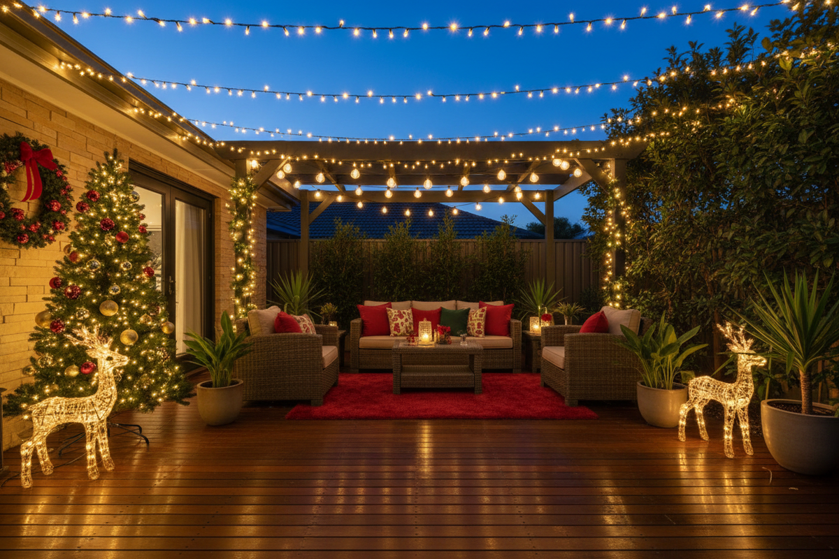 Christmas lights decorating an outdoor Australian backyard at dusk