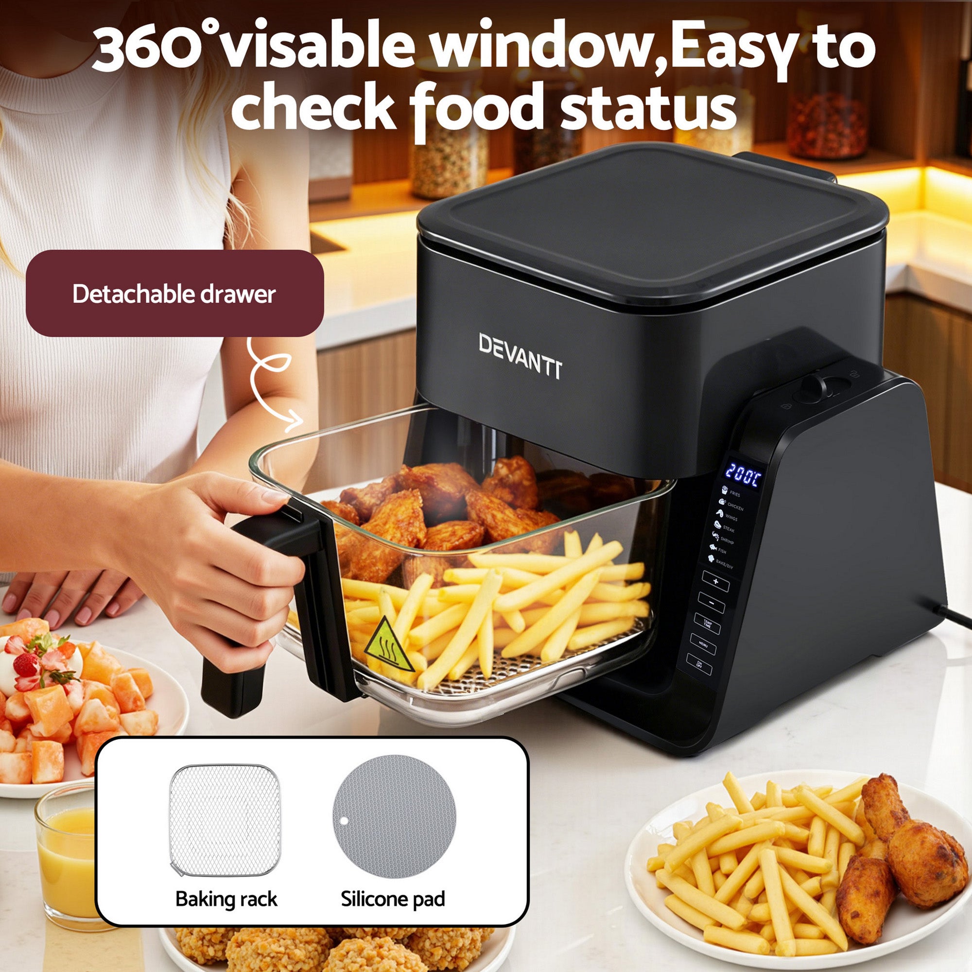 Devanti 2-IN-1 Air Fryer 5.5L Dual Zone Fryers Electric Cooker with Top BBQ Grill & Bot