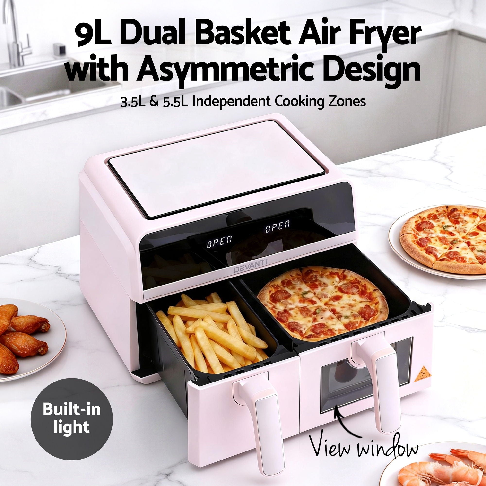 Devanti Air Fryer 9L Dual Zone Fryers 2600W Pink