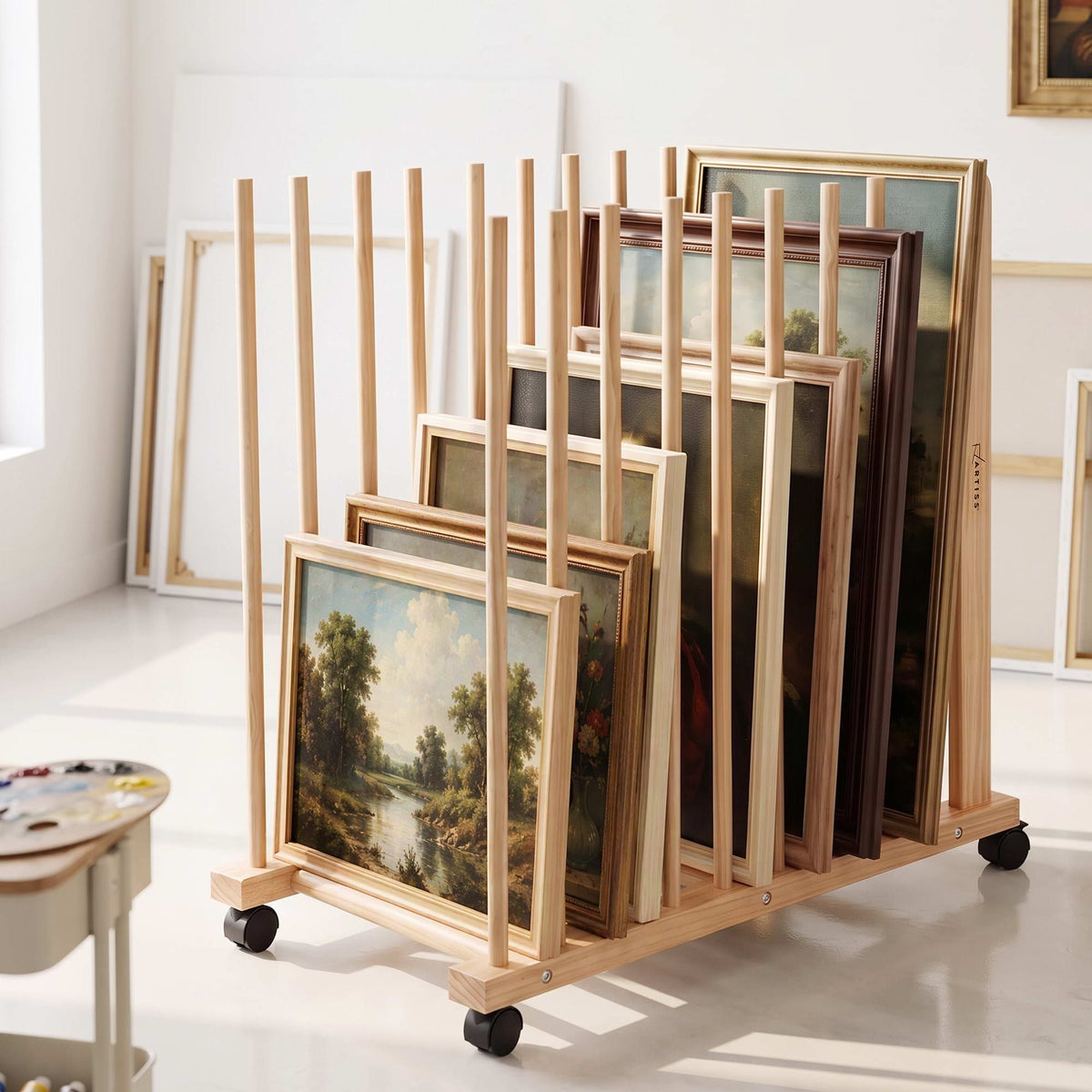 Artiss Art Drying & Storage Rack with Caster Wheels, Solid Wood Adjustable Slots Rack for Drawing Boards, Panels, Paintings, Artworks Display