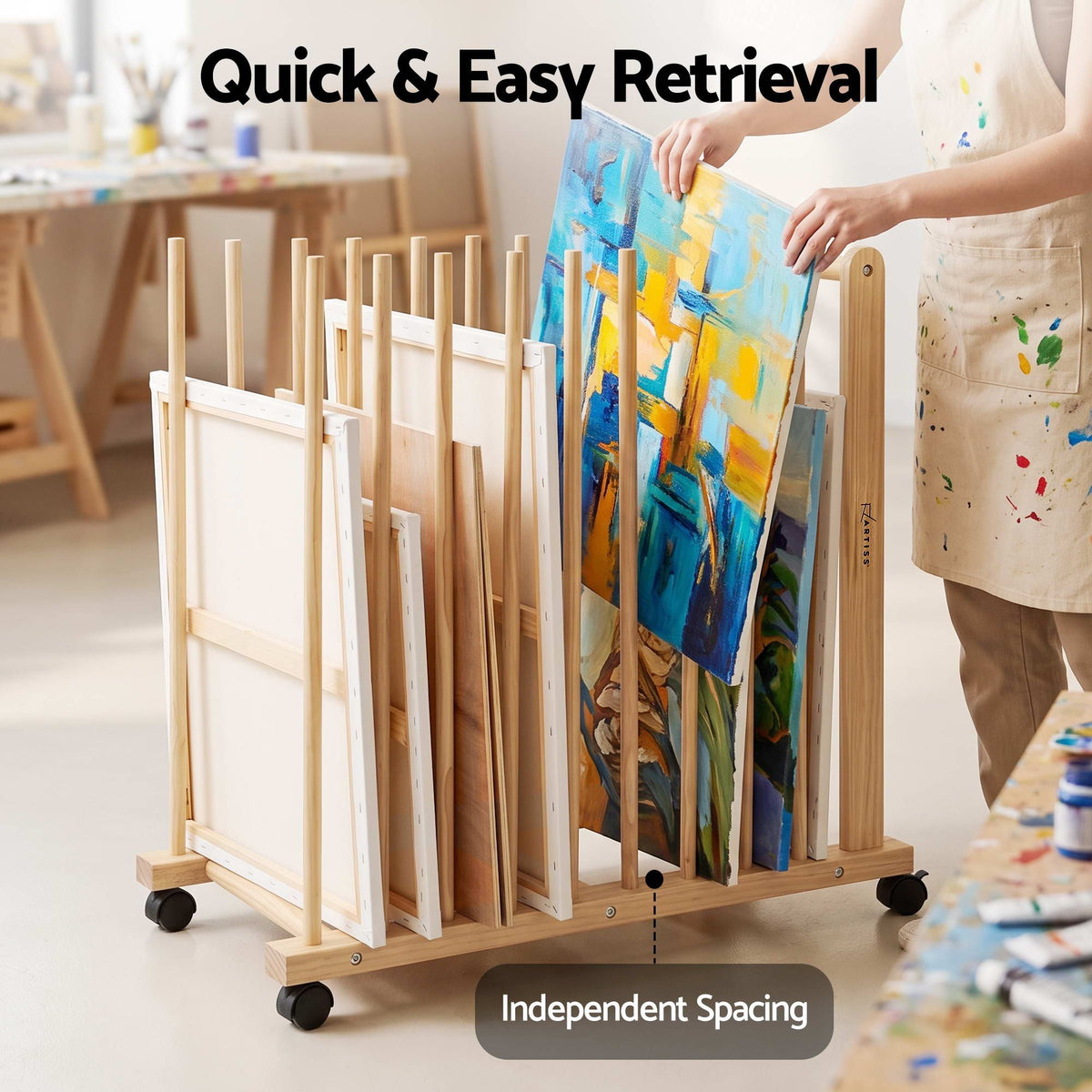 Artiss Art Drying & Storage Rack with Caster Wheels, Solid Wood Adjustable Slots Rack for Drawing Boards, Panels, Paintings, Artworks Display