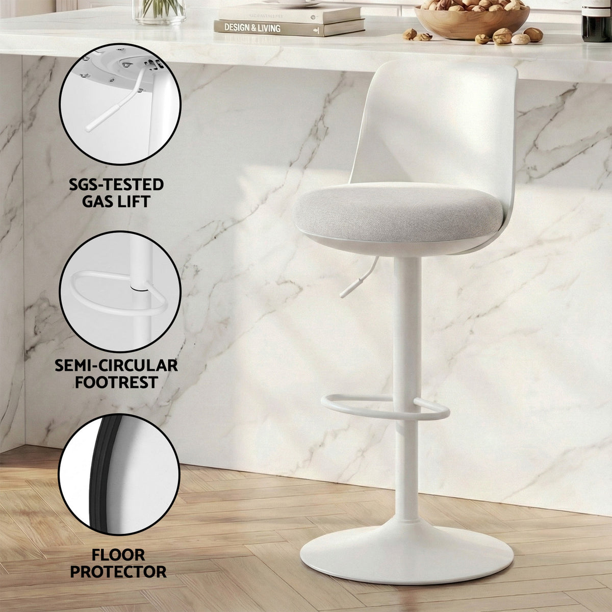 Artiss 4x Bar Stools Kitchen Swivel Gas Lift Counter Dining Chair Curved White
