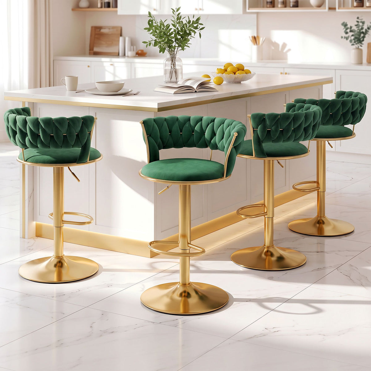 Artiss 4x Bar Stools Gas Lift Adjustable Velvet Woven Backrest Vivien Green