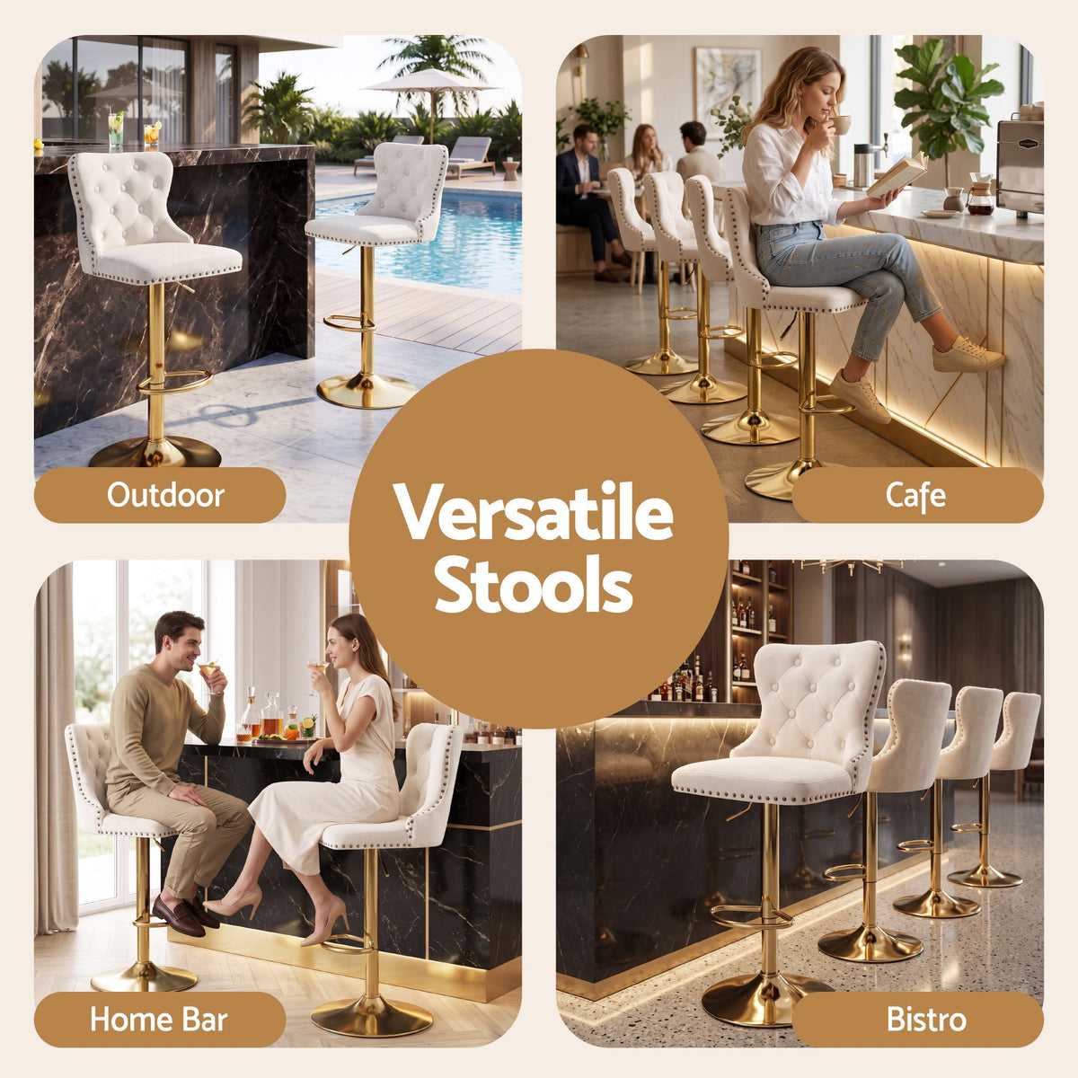 Artiss 4x Bar Stools Counter Chair Kitchen Adjustable Nailhead Trim Velvet Ivory