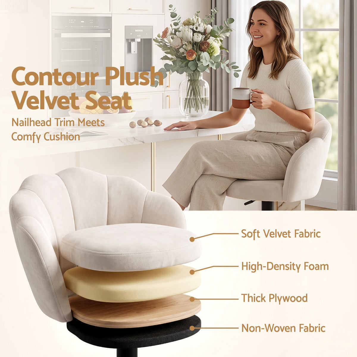 Artiss 2x Bar Stools Counter Chair Adjustable Shell Backrest Velvet Nessah Ivory