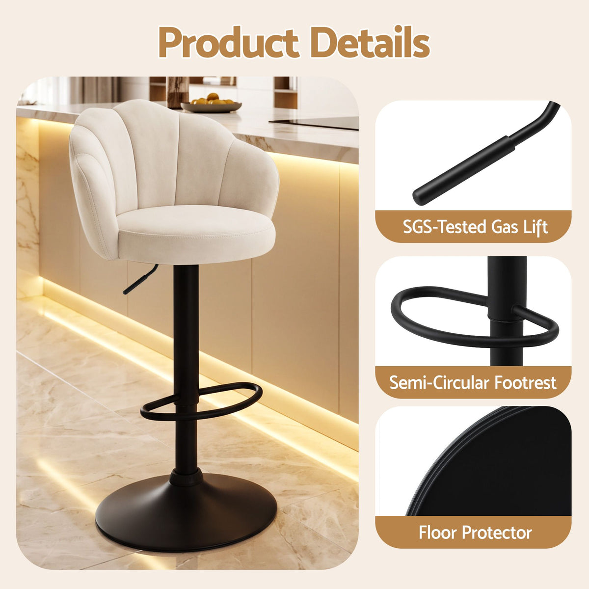 Artiss 2x Bar Stools Counter Chair Adjustable Shell Backrest Velvet Nessah Ivory