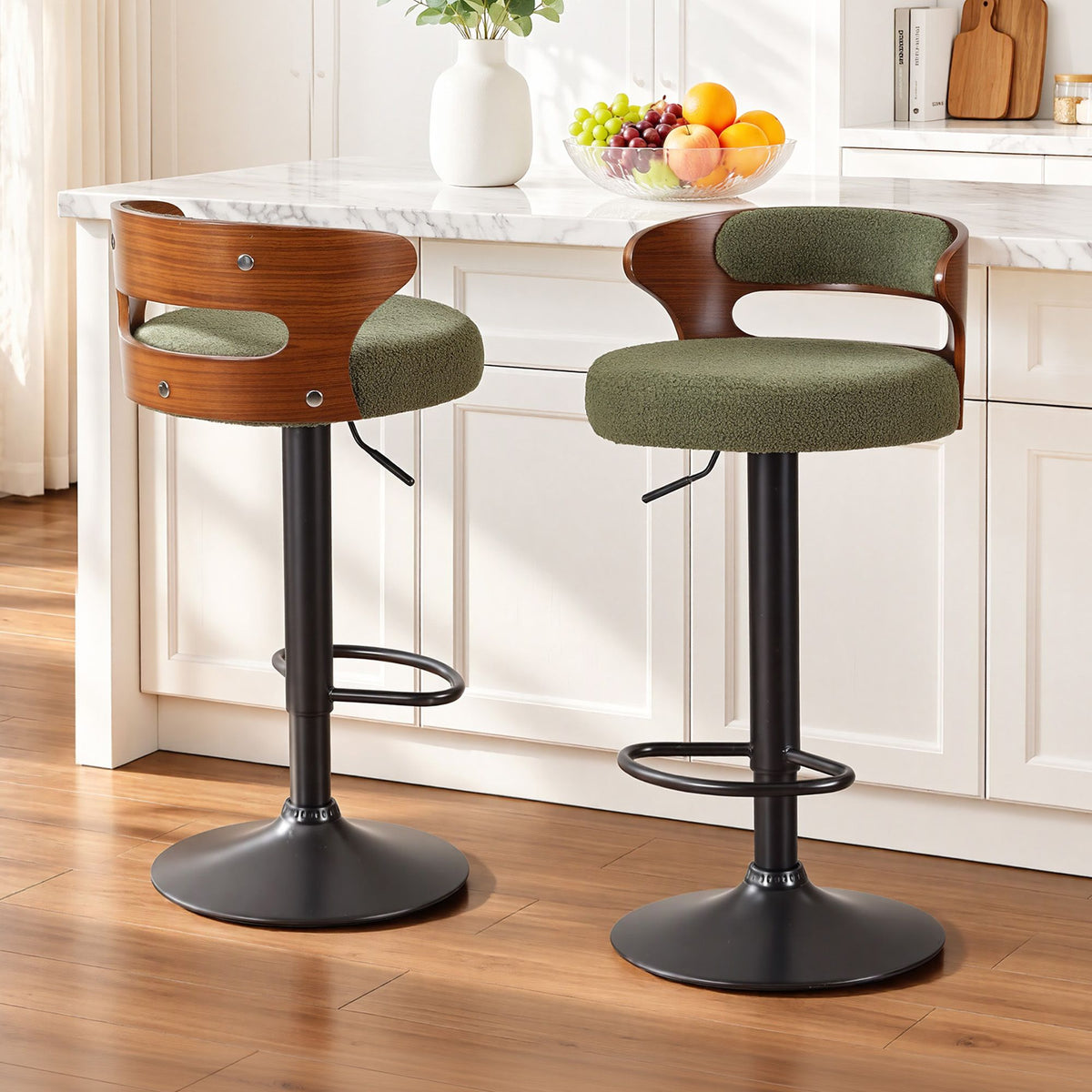Artiss 2x Bar Stools Counter Chair Gas Lift Swivel Kitchen Bentwood Boucle Green