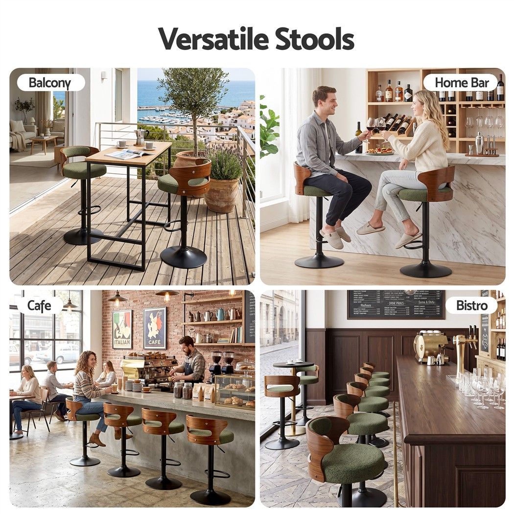 Artiss 2x Bar Stools Counter Chair Gas Lift Swivel Kitchen Bentwood Boucle Green