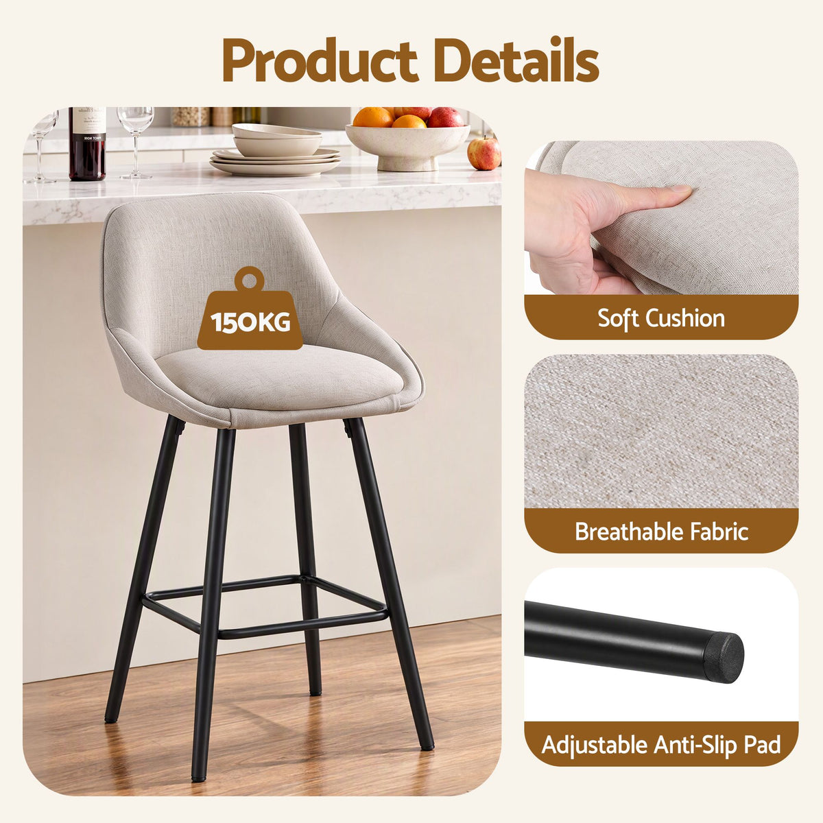 Artiss Bar Stools Set of 2 Linen Upholstered Counter Chairs with Back Padded Seat Beige
