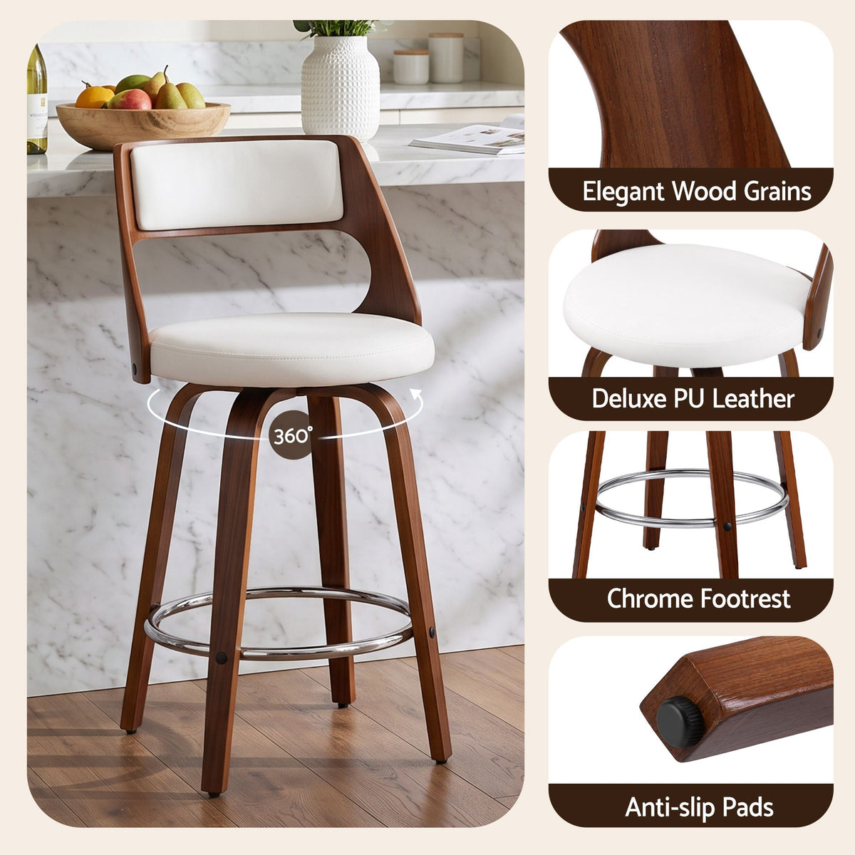 Artiss Wooden Bar Stools Set of 4 Swivel Kitchen Counter Stools Chair 65cm