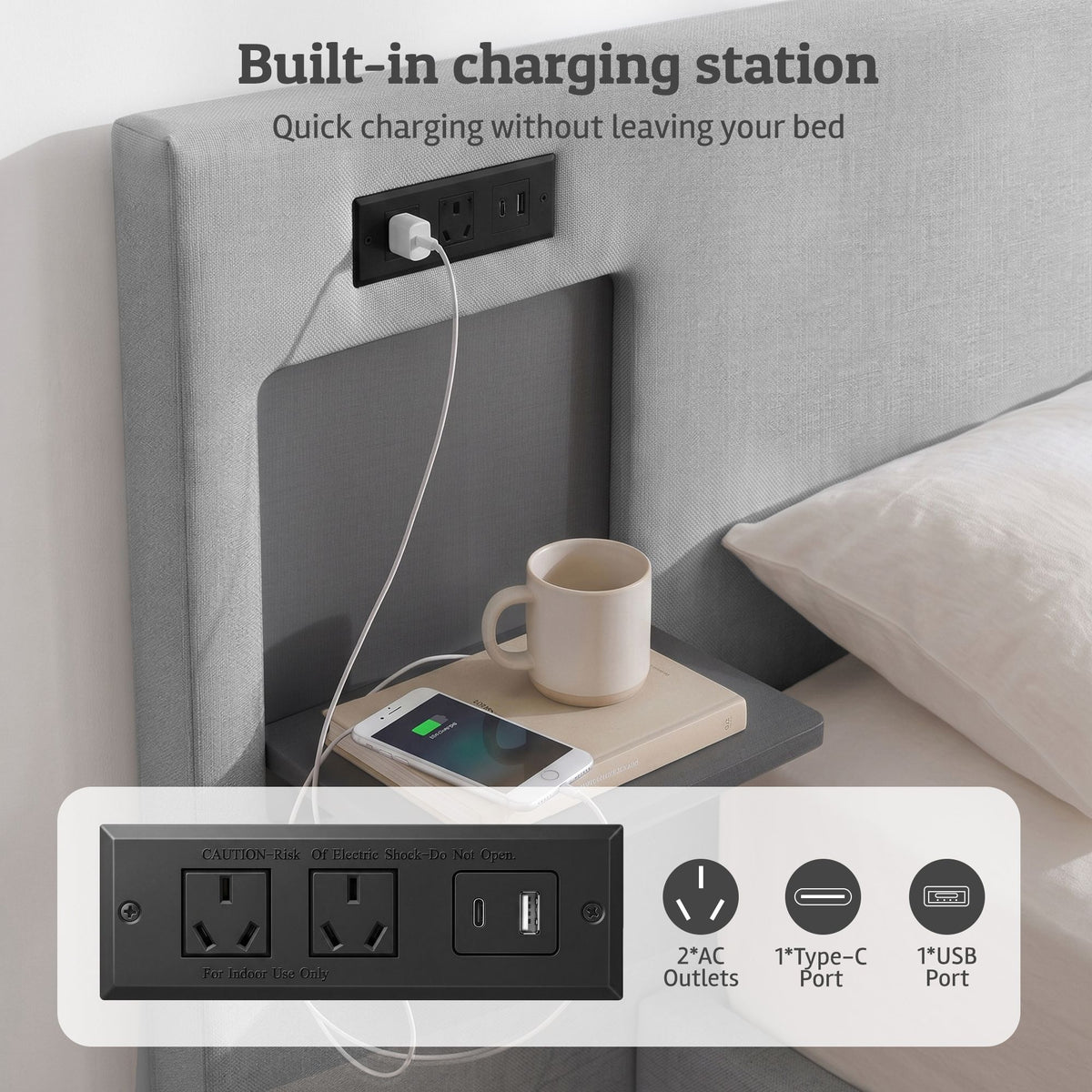 Artiss Queen Headboard Upholstered Foldable Table Charging Station Grey