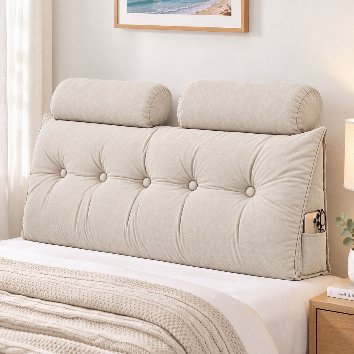 Artiss Headboard Pillow Double Wedge Backrest Triangular with 2 Cushions Beige