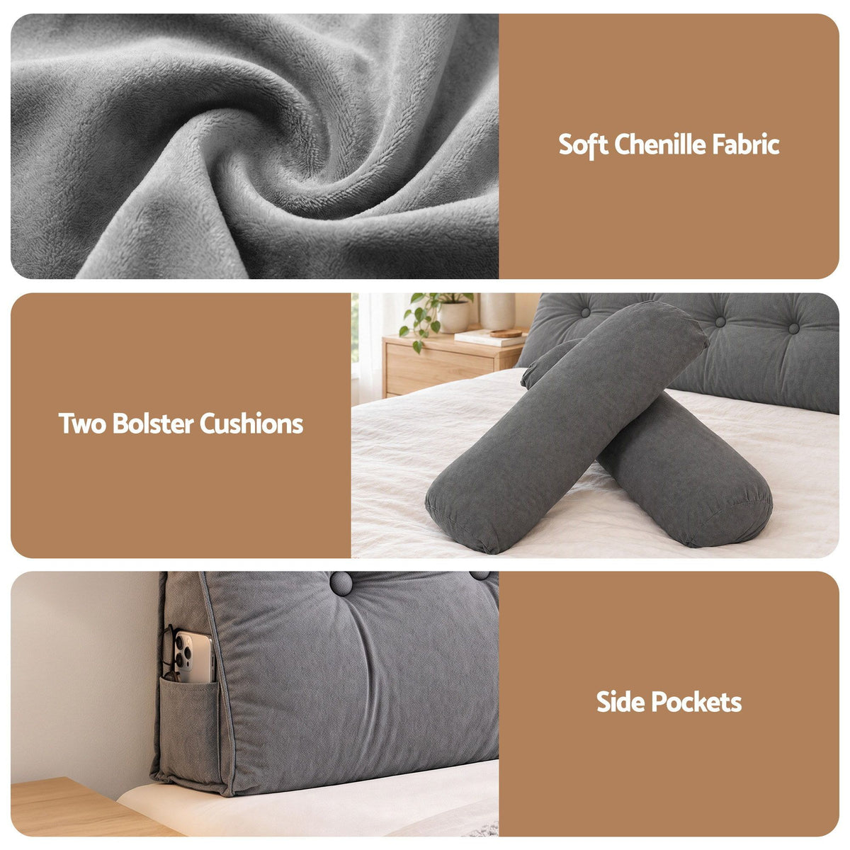 Artiss Headboard Pillow Double Wedge Backrest Triangular with 2 Cushions Grey