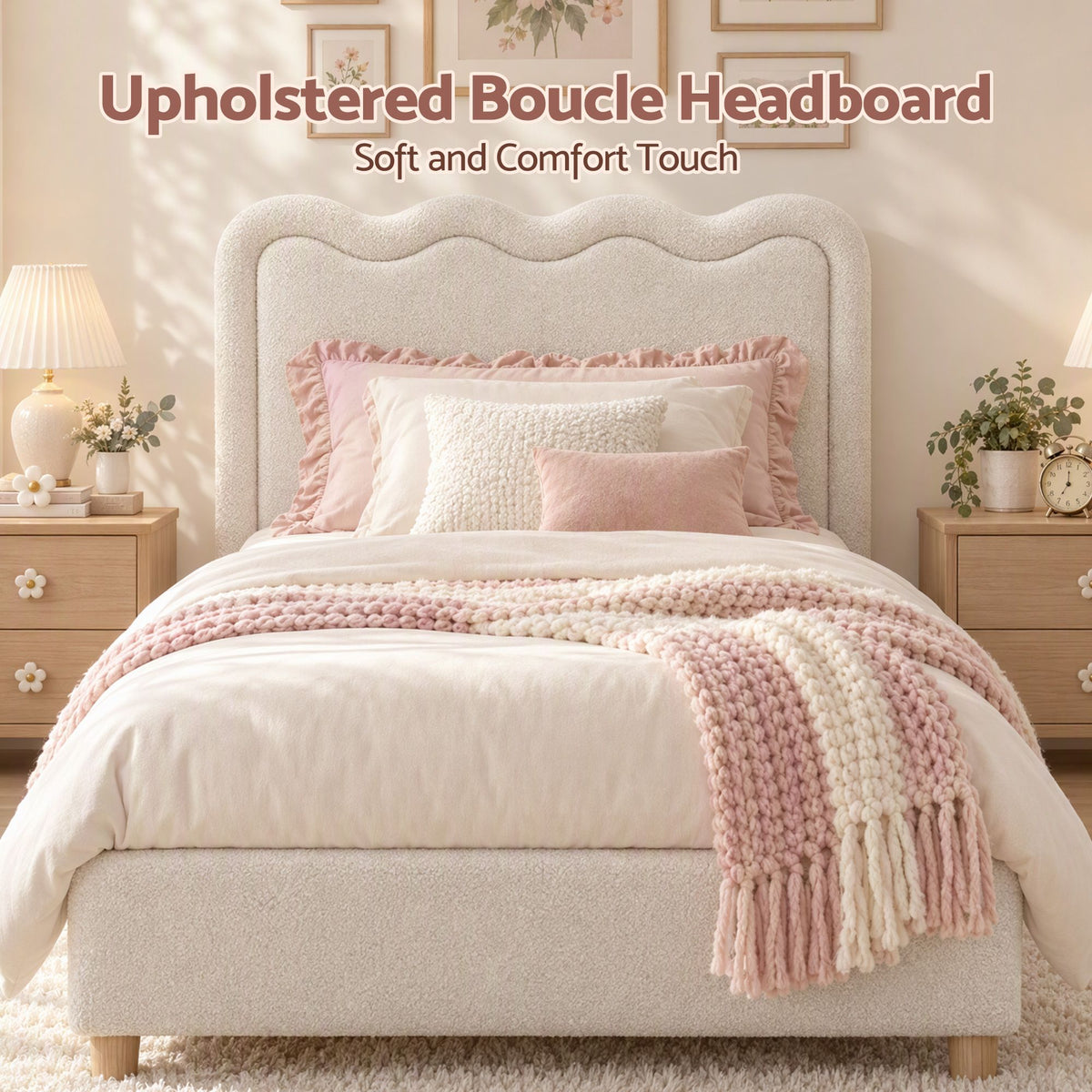 Artiss Boucle Bed Head Double Size Upholstered Wavy Headboard Beige