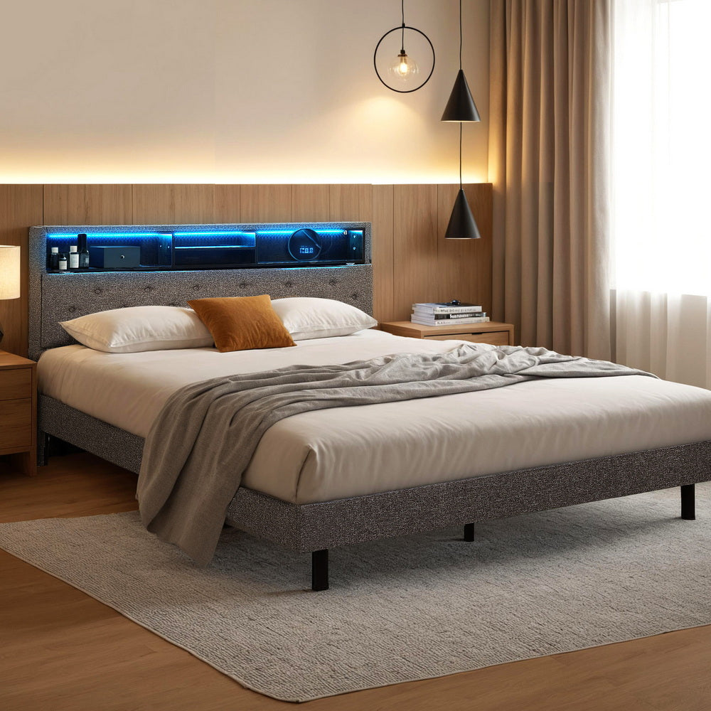 Artiss Bed Frame Double Size LED Mattress Base Platform with Storage Shelf Hidden Storage Box Grey