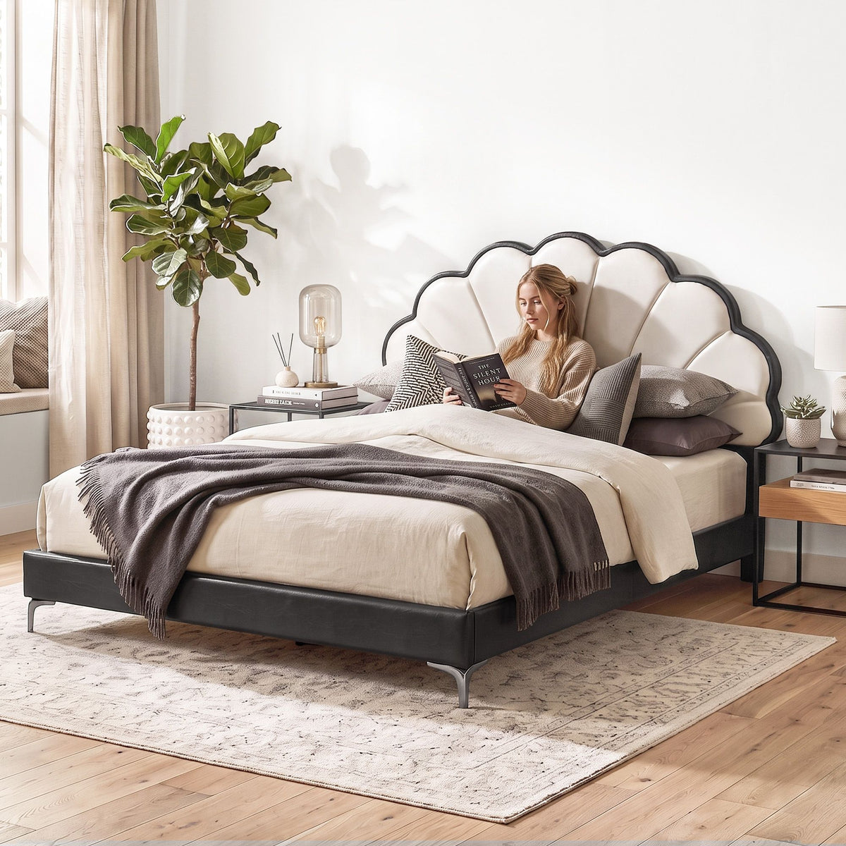 Artiss Queen Bed Frame with Adjustable Shell Headboard and PVC Upholstery