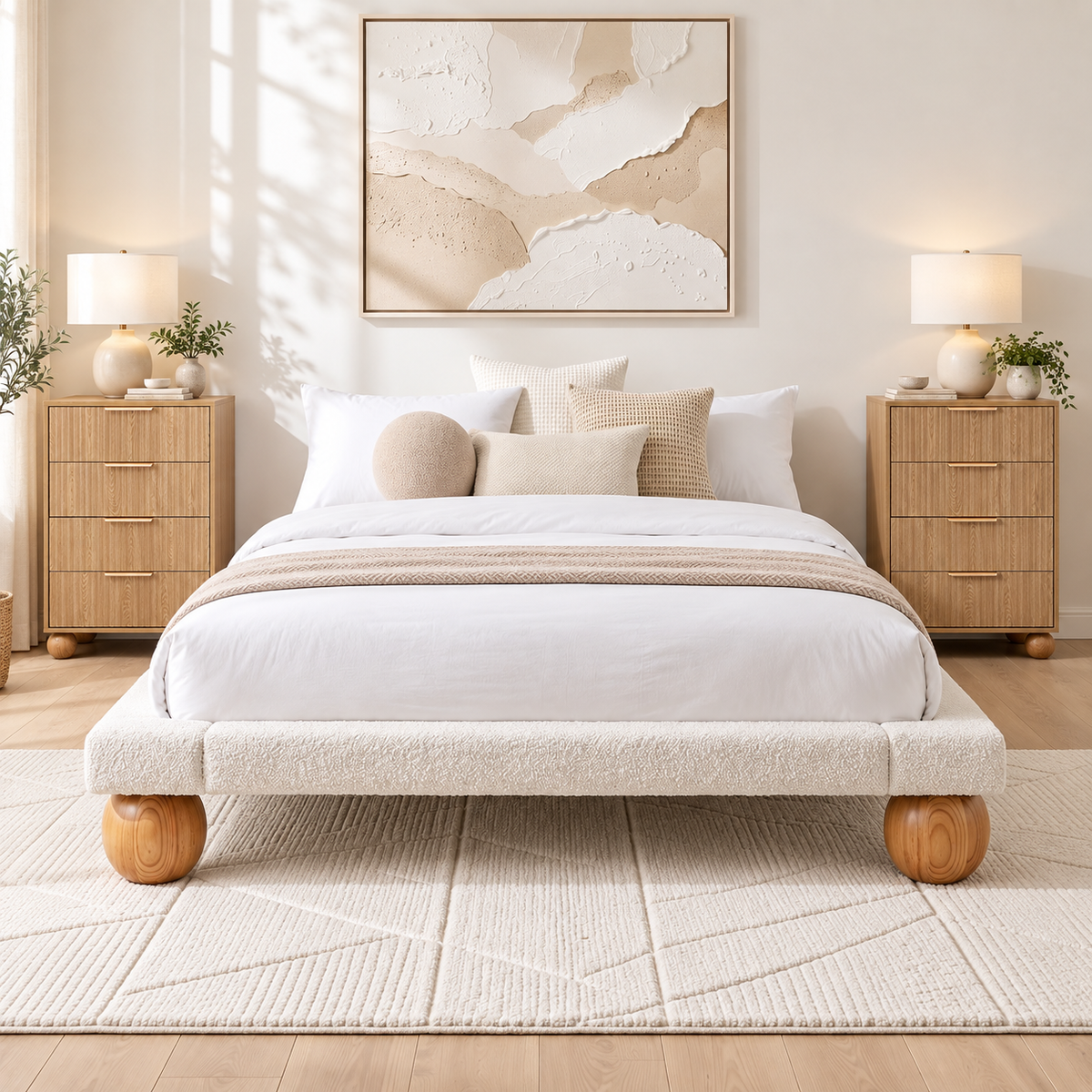 Artiss Queen Bed Frame and 2 Chest of Drawers Set, Boucle Upholstery Platform Bed