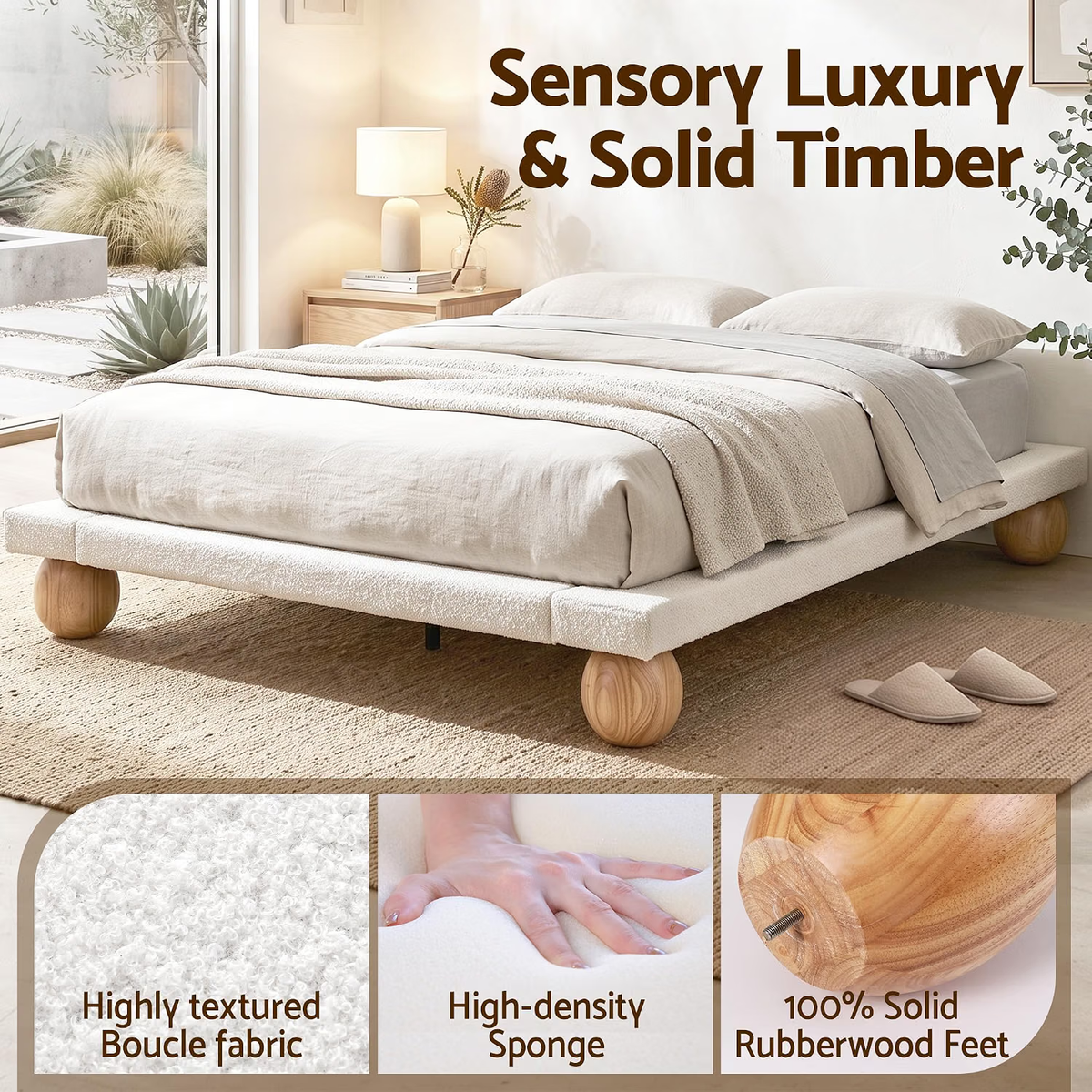 Artiss Boucle Queen Bed Frame and Chest of 6 Drawers Bedroom Set