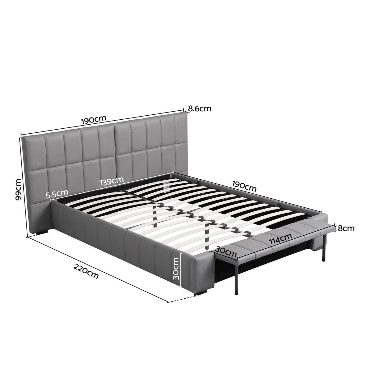 Artiss Double Size Upholstered Gas Lift Bed Frame with Foldable Bench PVC Leather Platform Bed with Storage