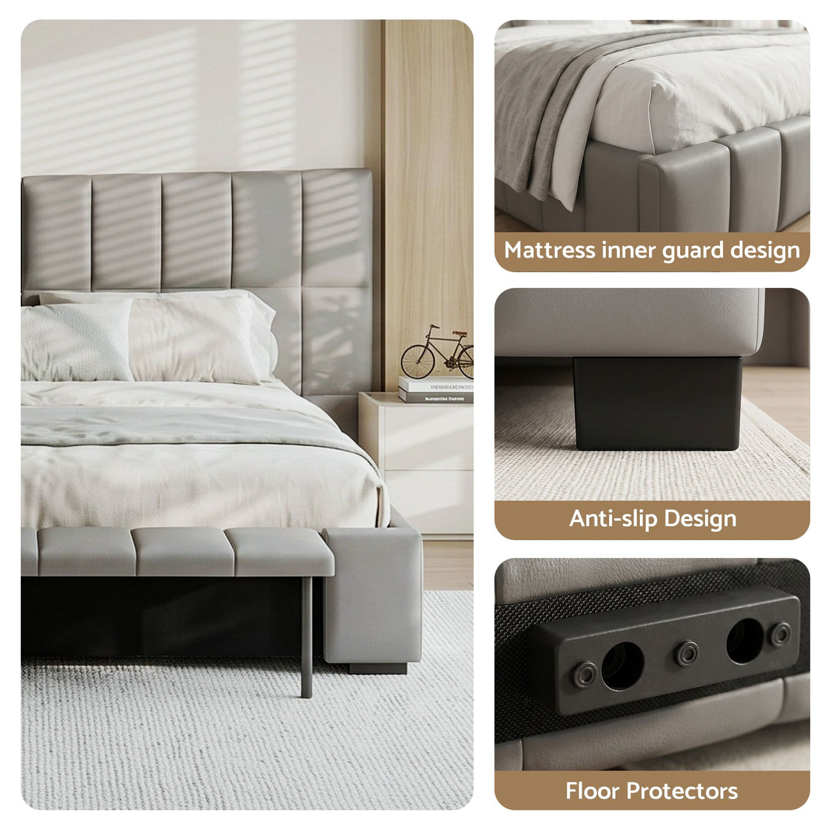 Artiss Queen Size Upholstered Gas Lift Bed Frame with Foldable Bench PVC Leather Platform Bed with Storage