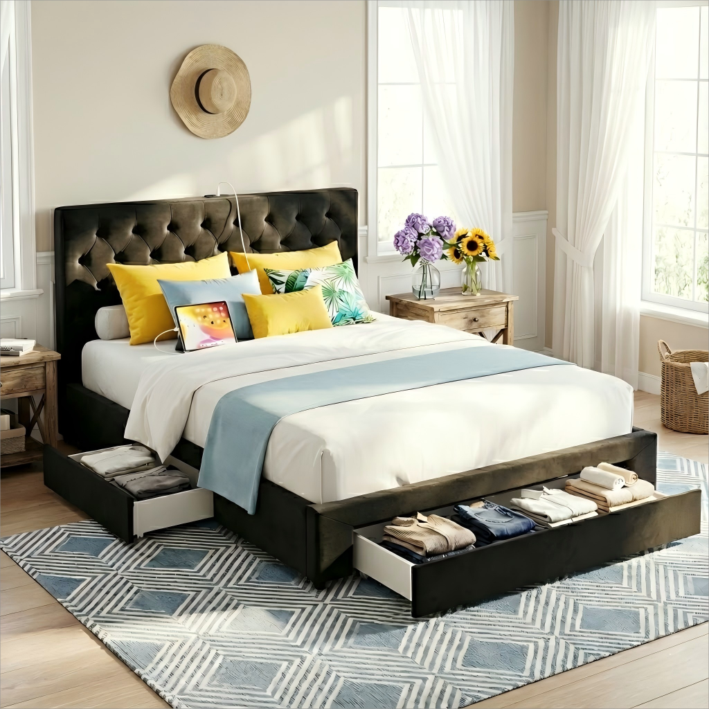 Artiss Queen Bed Frame Storage Charging Station Upholstered 3 Drawers USB Type-C