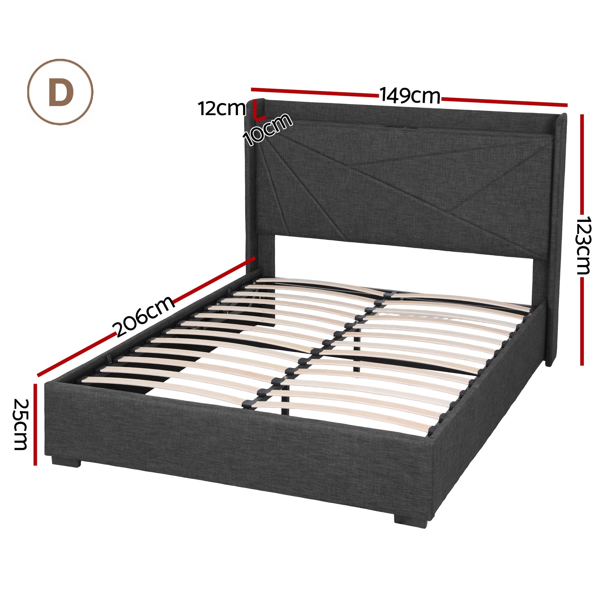 Artiss Double Bed Frame Gas Lift Storage Bed with Charging Ports Upholstered Geometric Headboard Charcoal Grey
