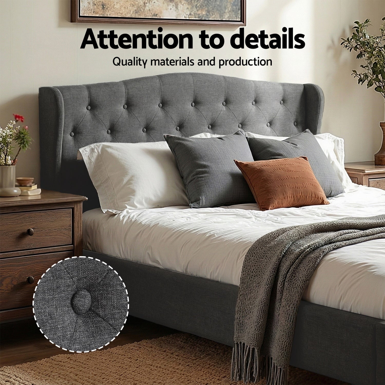 Artiss Queen Bed Frame with Wingback Headboard Grey Linen Upholstered Platform Bed Base