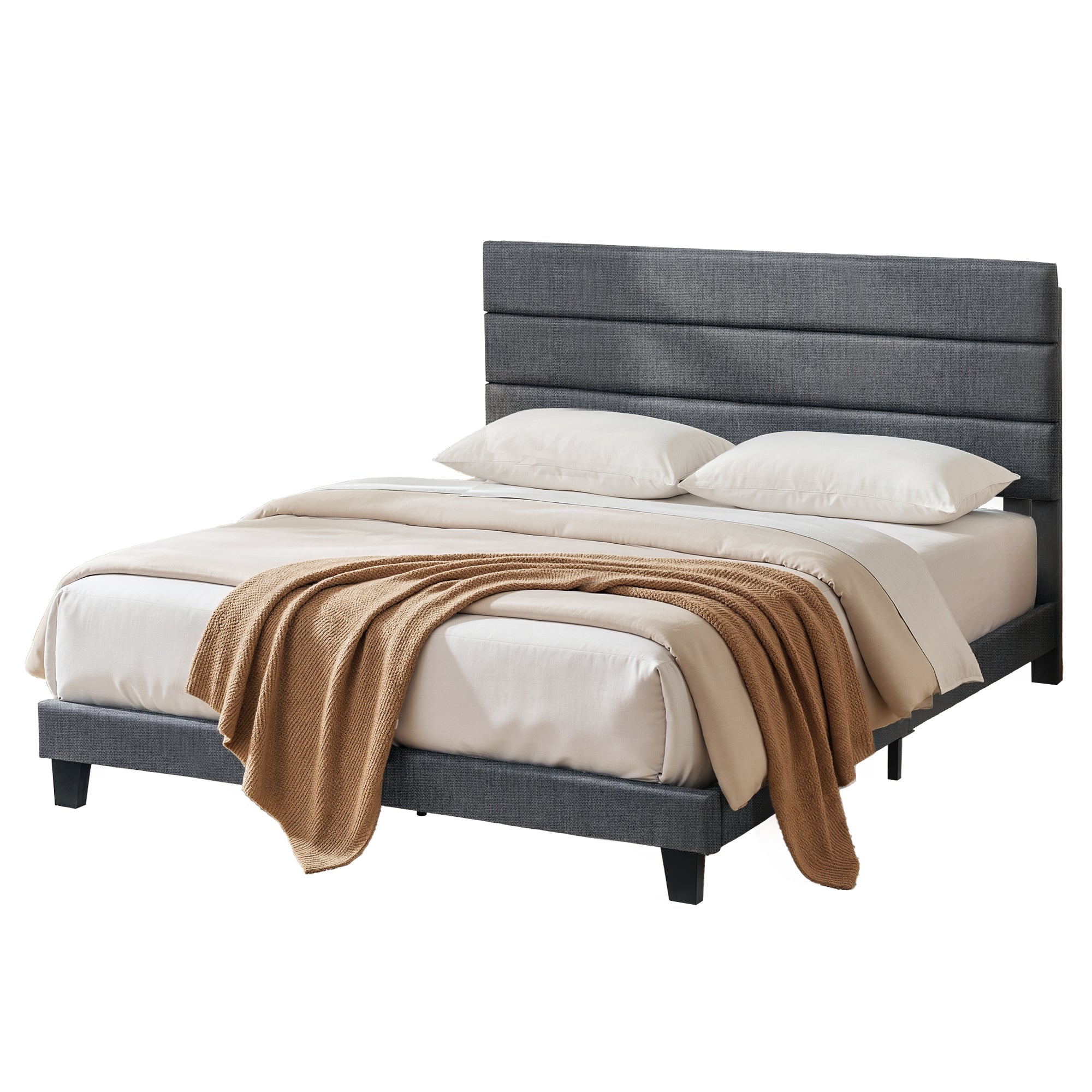 Artiss King Bed Frame Upholstered Platform Base with Geometric Headboard Charcoal Grey Linen Wood Slats for Modern Bedroom Furniture Home Decor