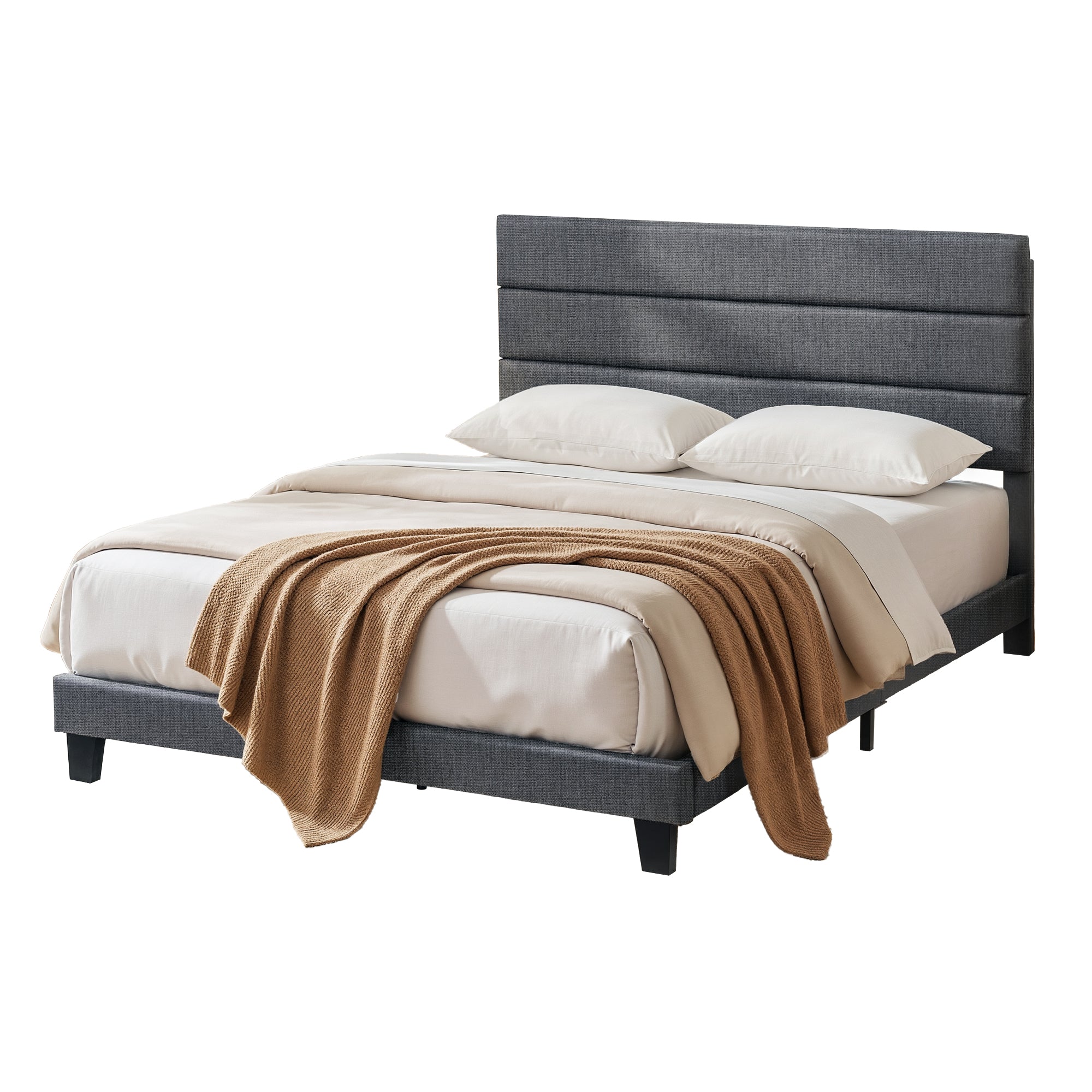 Artiss Queen Bed Frame Upholstered Platform Base with Geometric Headboard Charcoal Grey Linen Wood Slats for Modern Bedroom Furniture Home Decor