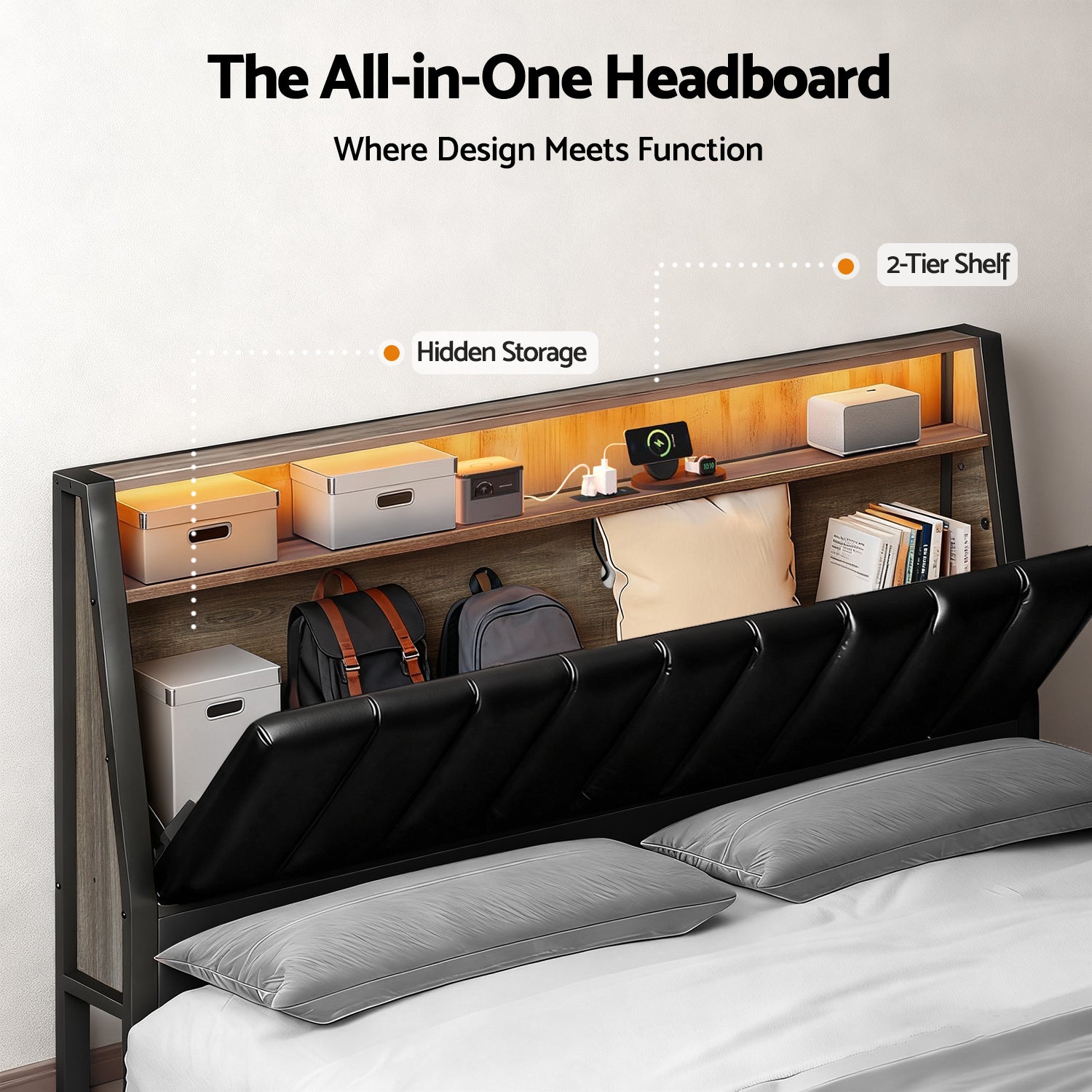 Artiss Double Bed Frame LED Storage Headboard with Charging Station Black