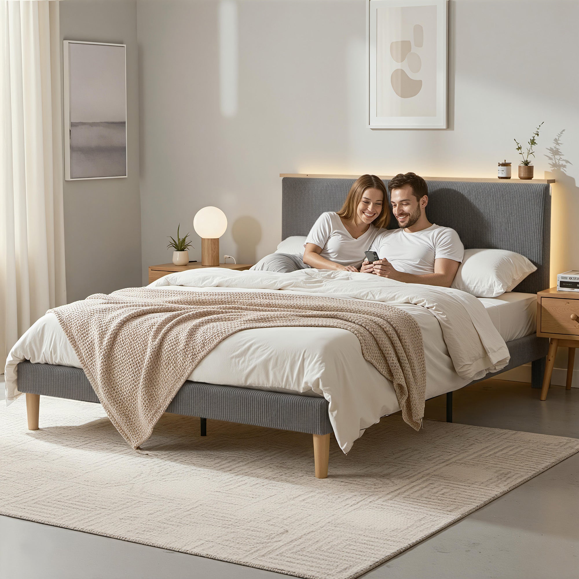 Artiss Double Bed Frame Upholstered Adjustable Headboard Mood Lighting Heavy Duty Grey Velvet