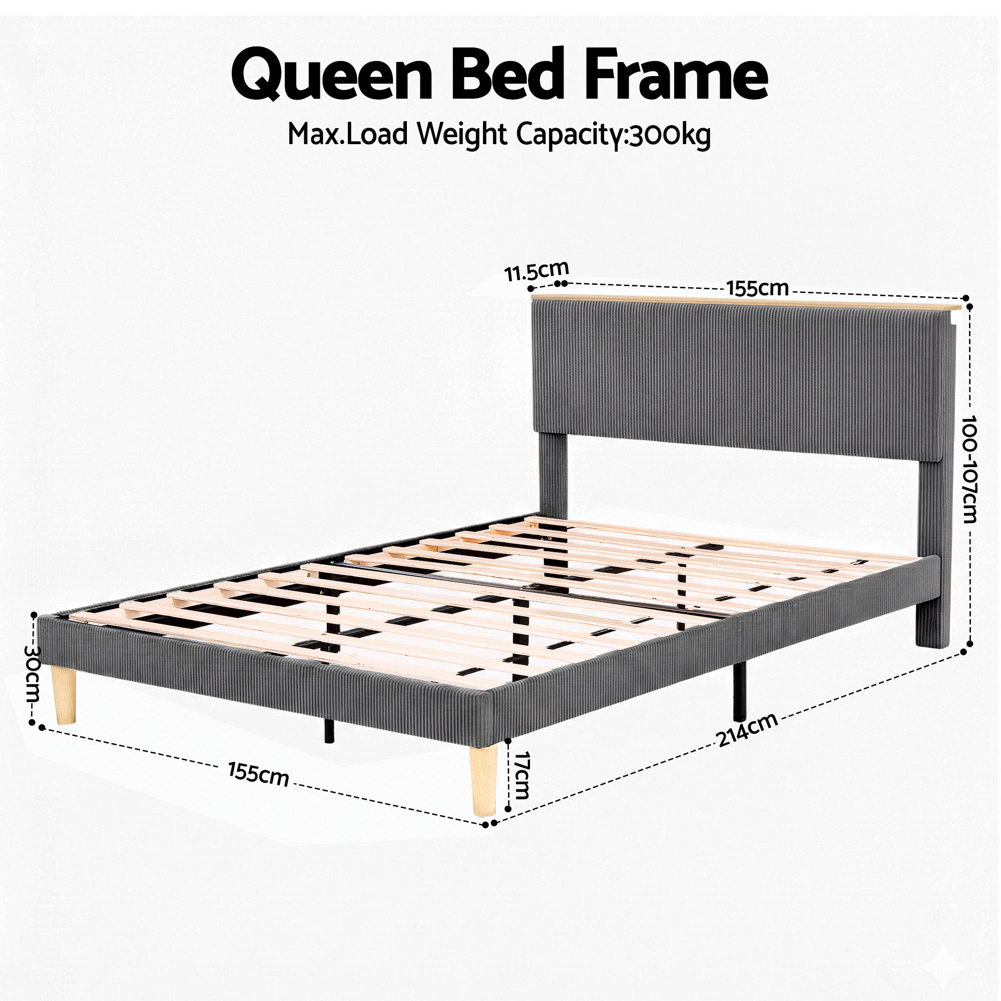Artiss Queen Bed Frame Upholstered Adjustable Headboard Mood Lighting Heavy Duty Grey Velvet