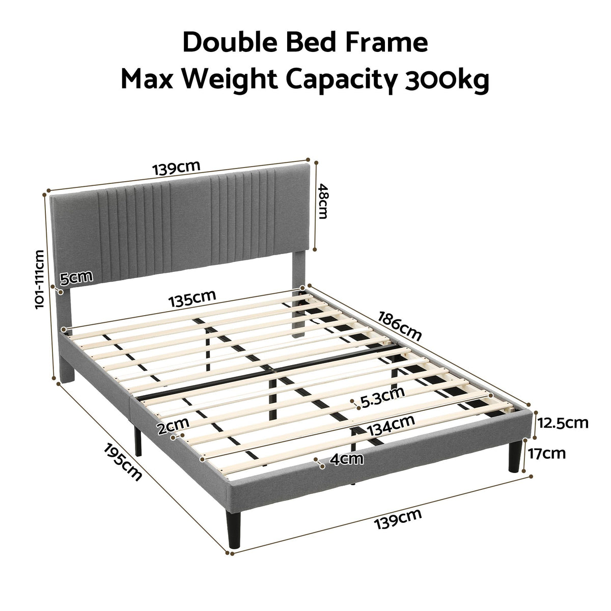 Artiss Double Bed Frame with Adjustable Headboard, Grey, 300kg Capacity